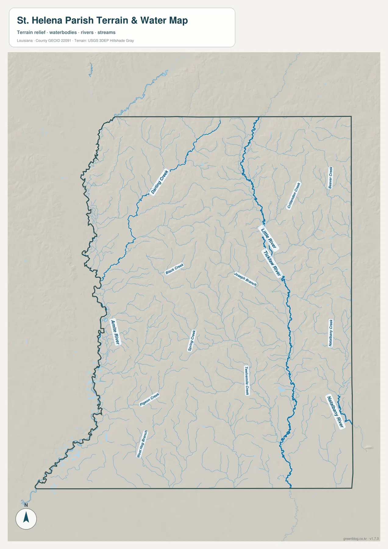 St. Helena Parish water map showing the Tickfaw River, Little River, Darlington Creek, Black Creek, Spring Creek, Pigeon Creek, and Natalbany River