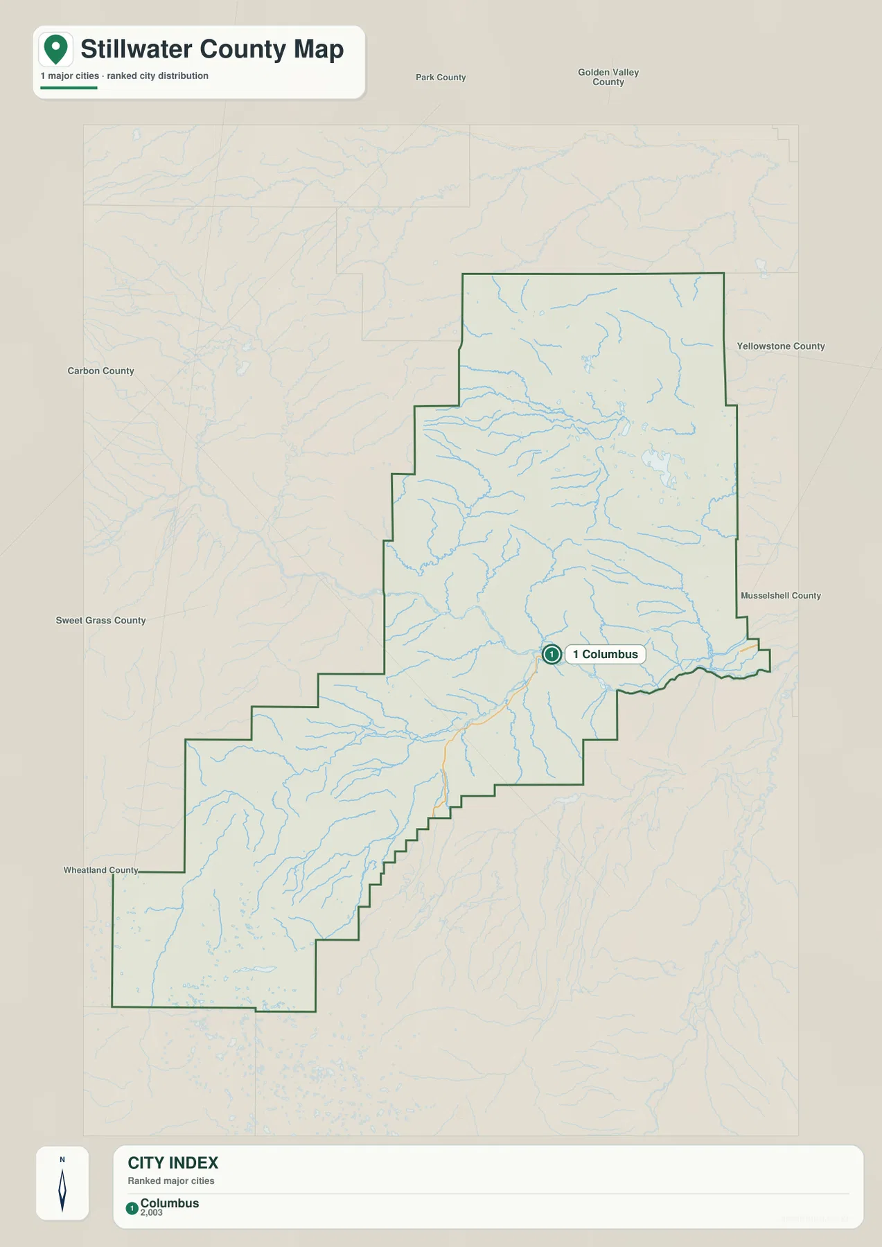 Stillwater County city map showing Columbus as the only ranked city