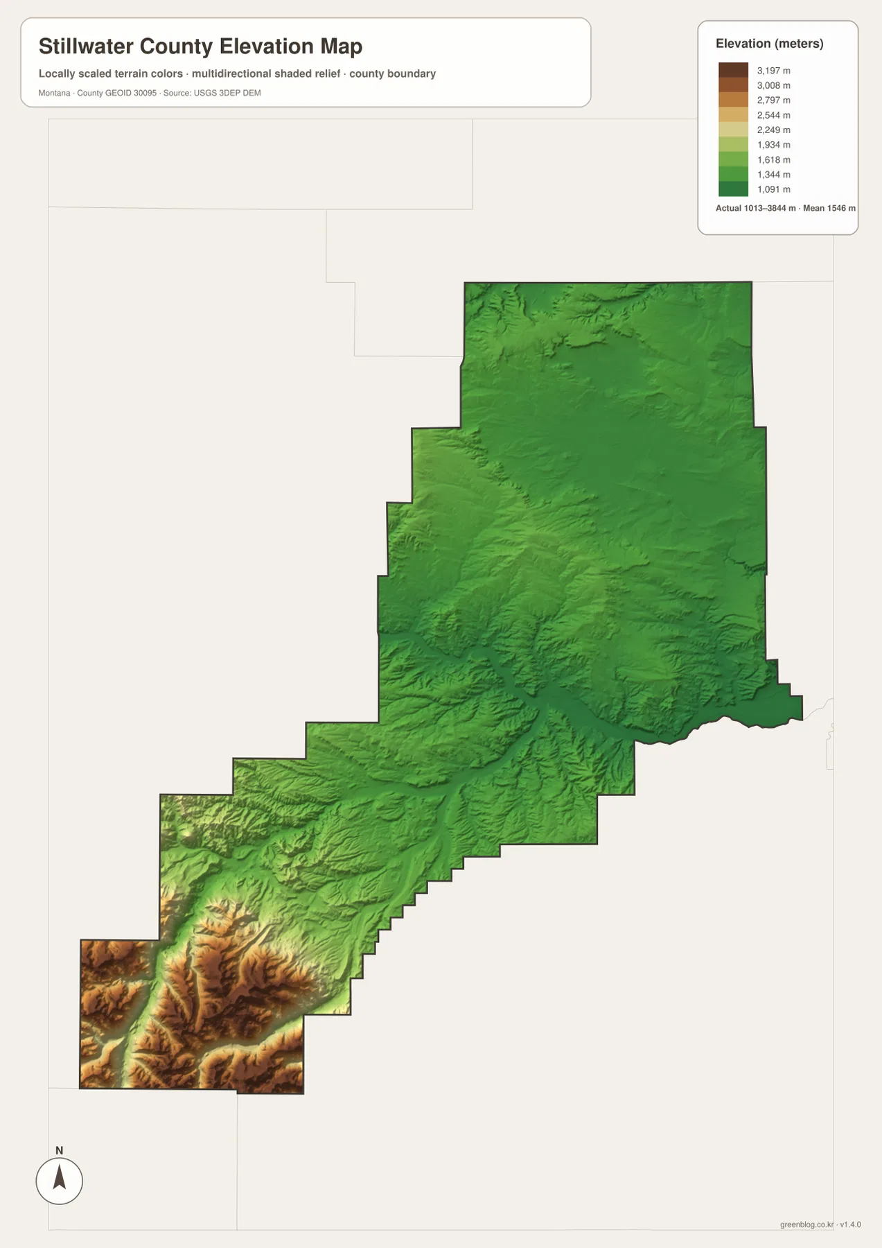 Stillwater County Montana elevation map showing an actual range of 1013 to 3844 meters and a mean of 1546 meters