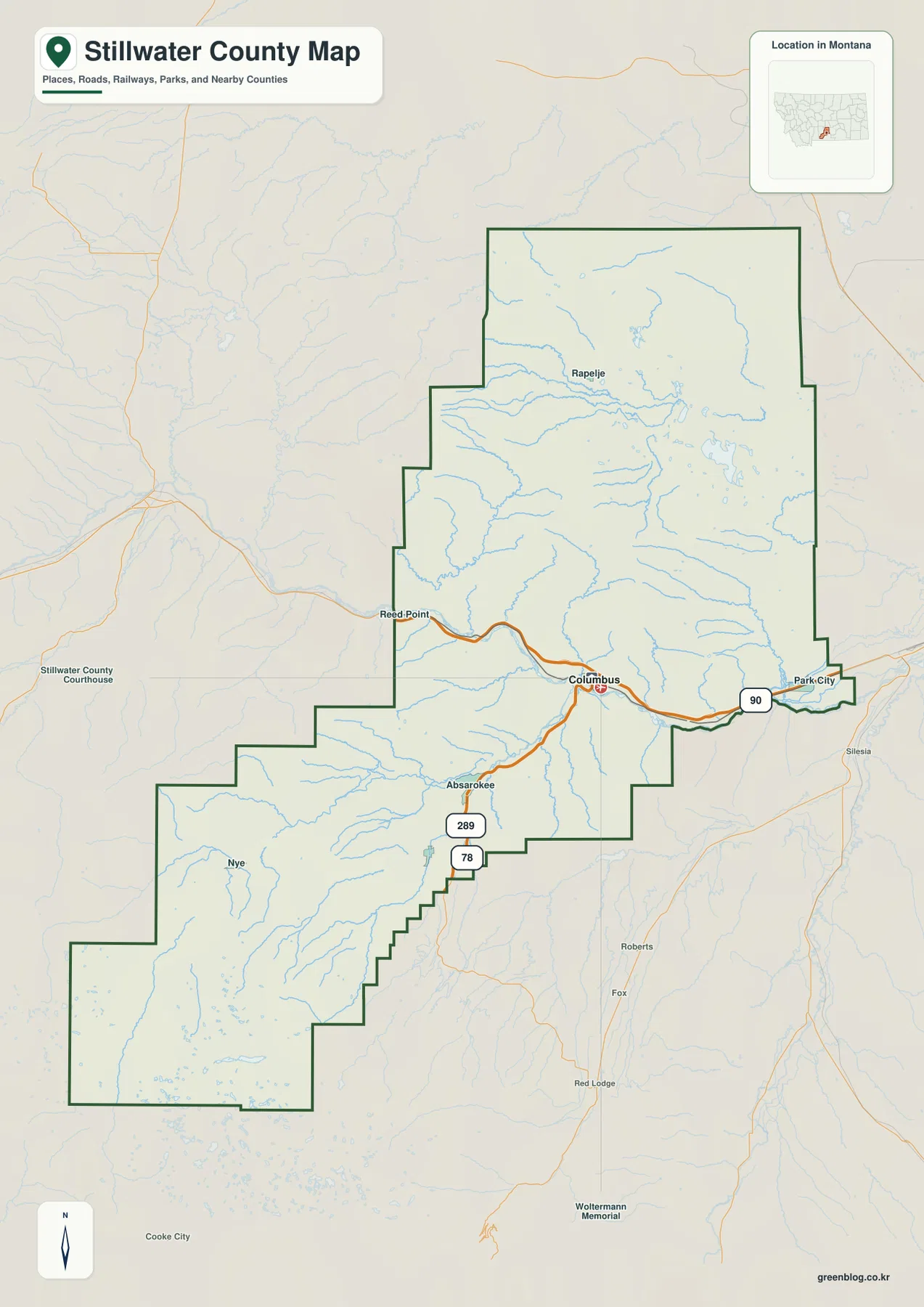 Stillwater County Montana map showing Columbus, Reed Point, Park City, Rapelje, Absarokee, Nye, I-90, Route 78, and Route 289