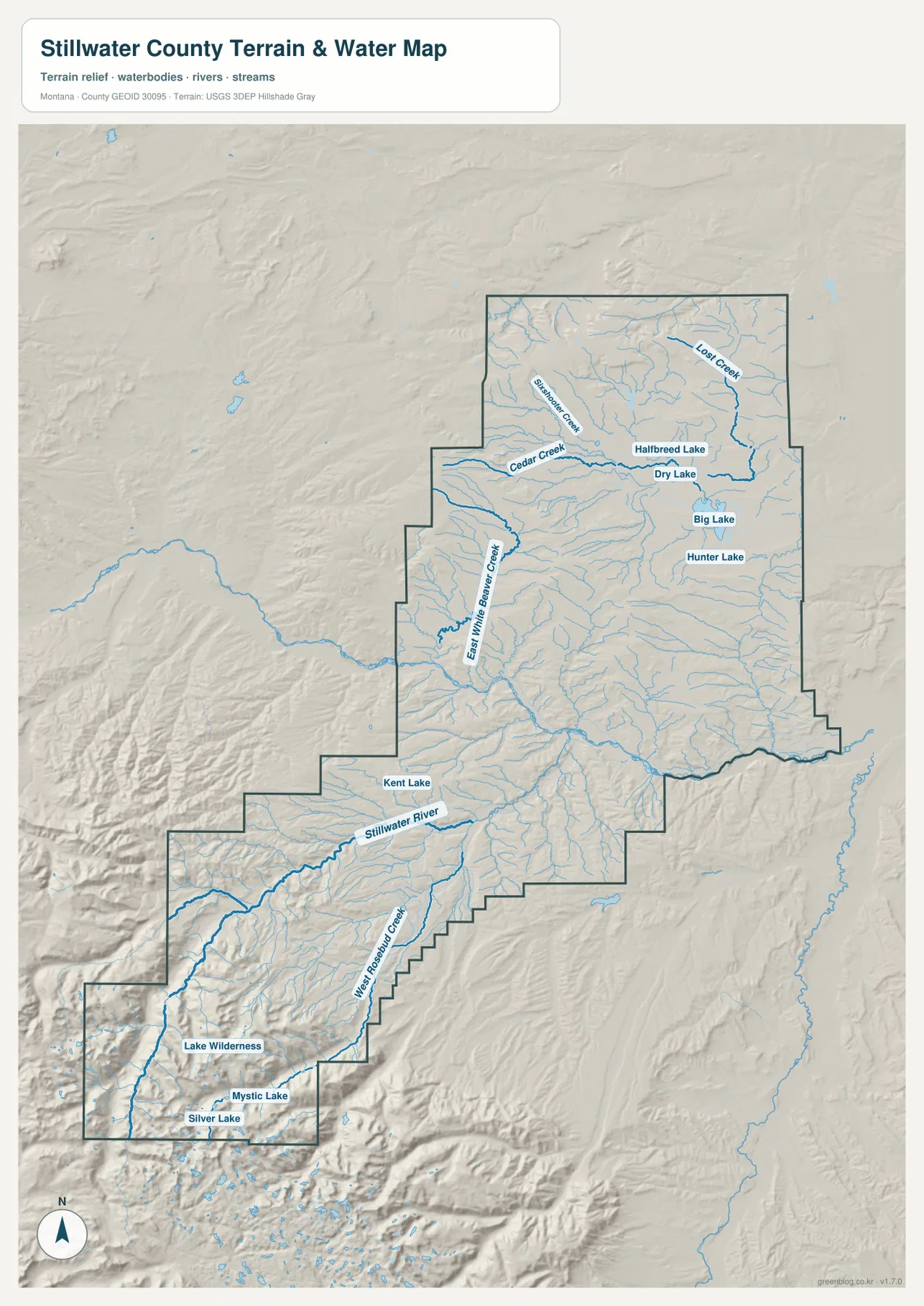 Stillwater County terrain and water map showing Stillwater River, West Rosebud Creek, East White Beaver Creek, Cedar Creek, and alpine lakes
