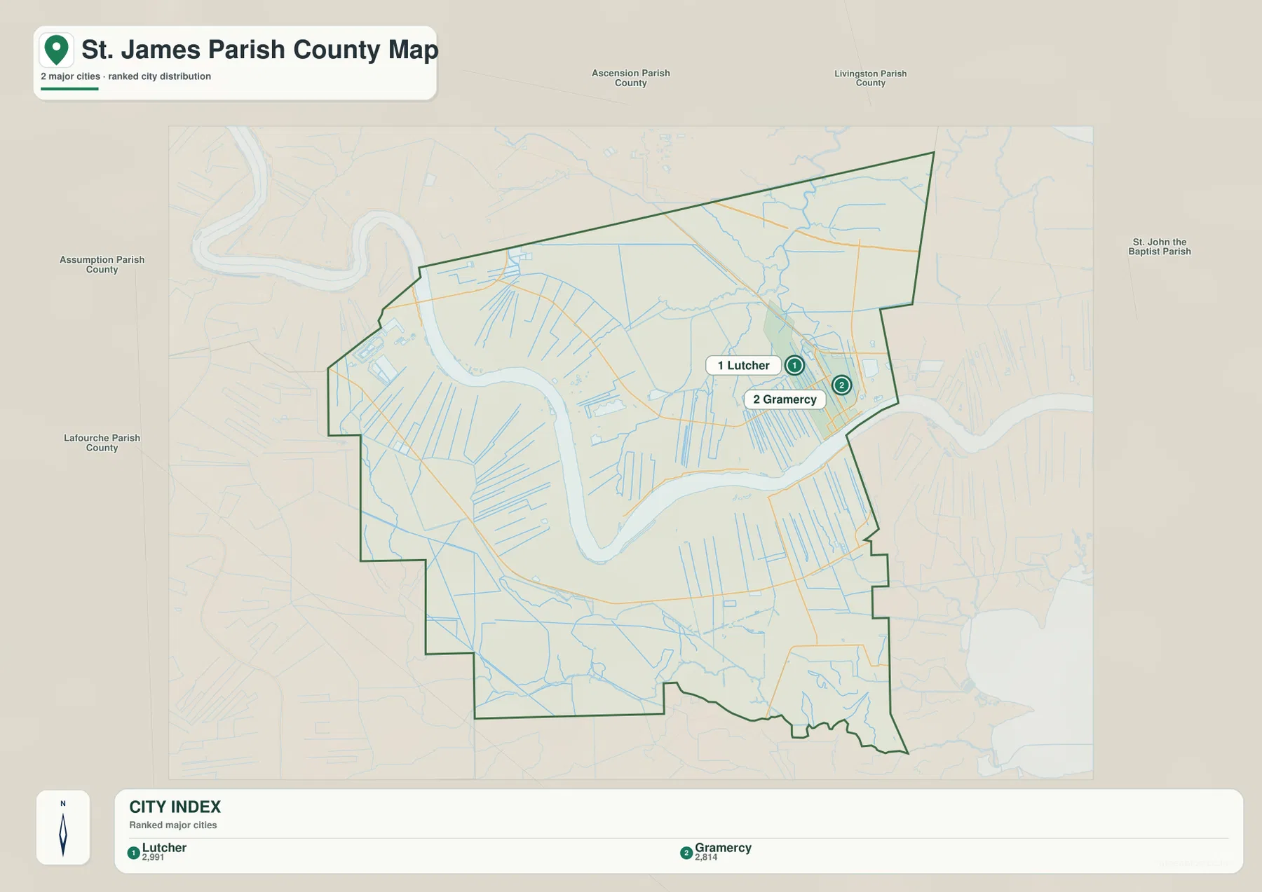 St. James Parish ranked city map showing Lutcher as number 1 and Gramercy as number 2