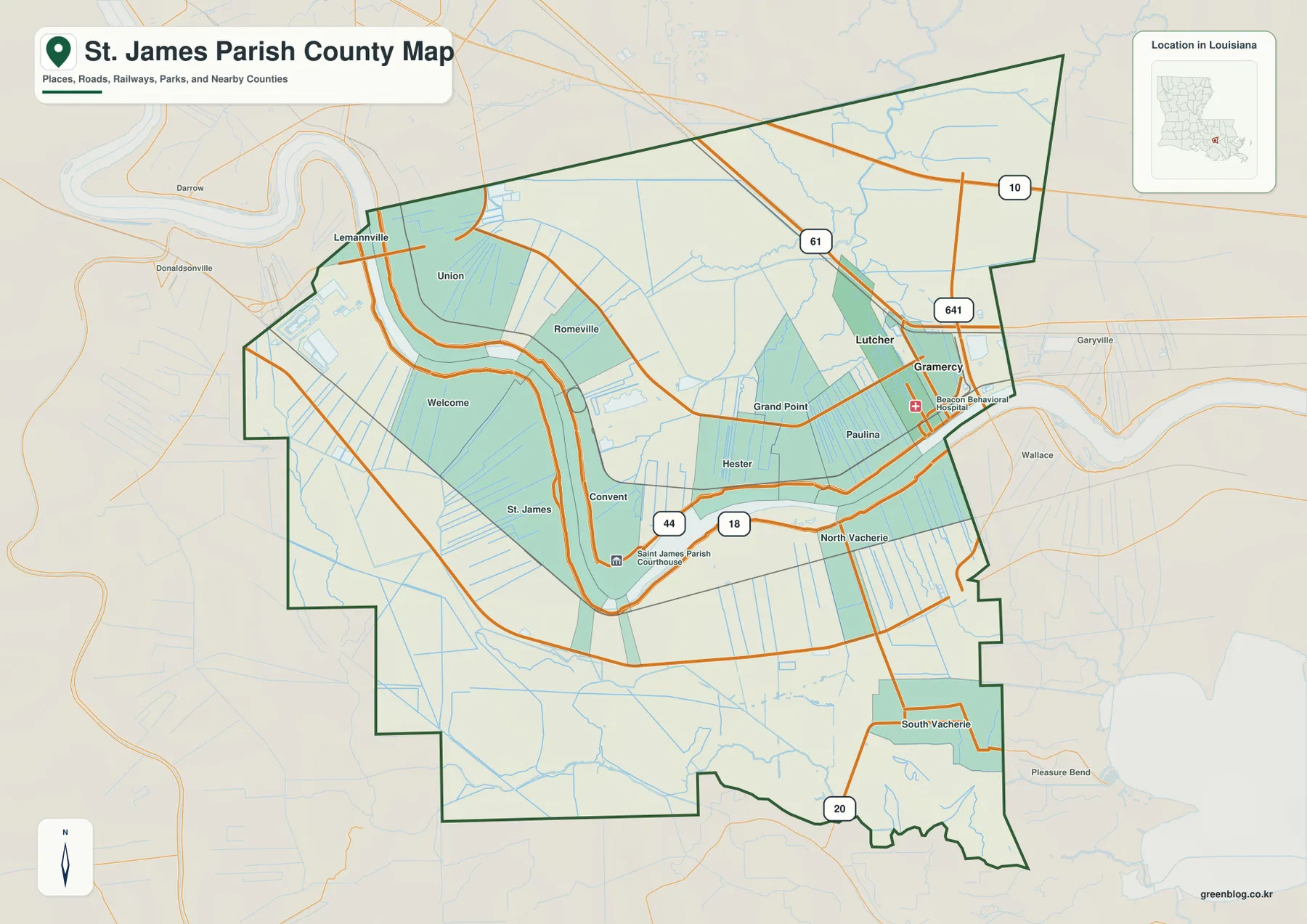 St. James Parish map showing Convent, Lutcher, Gramercy, St. James, Welcome, Paulina, the Mississippi River, U.S. 61, LA 44, and LA 18