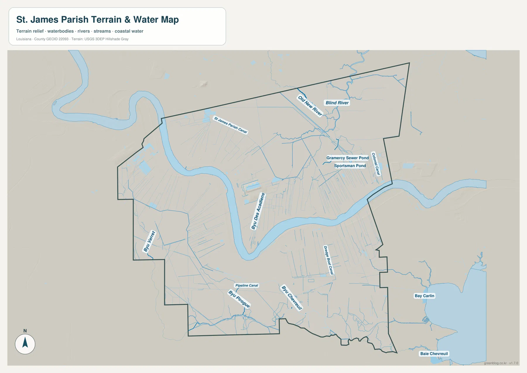 St. James Parish water map showing the Mississippi River, Blind River, Old New River, St. James Parish Canal, Bayou Verret, Bayou Chevreuil, and drainage canals