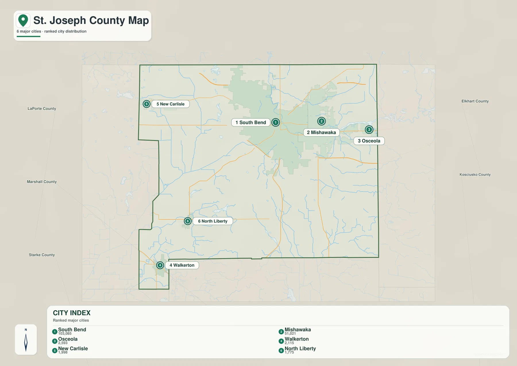 St. Joseph County city map highlighting South Bend, Mishawaka, Osceola, Walkerton, New Carlisle, and North Liberty