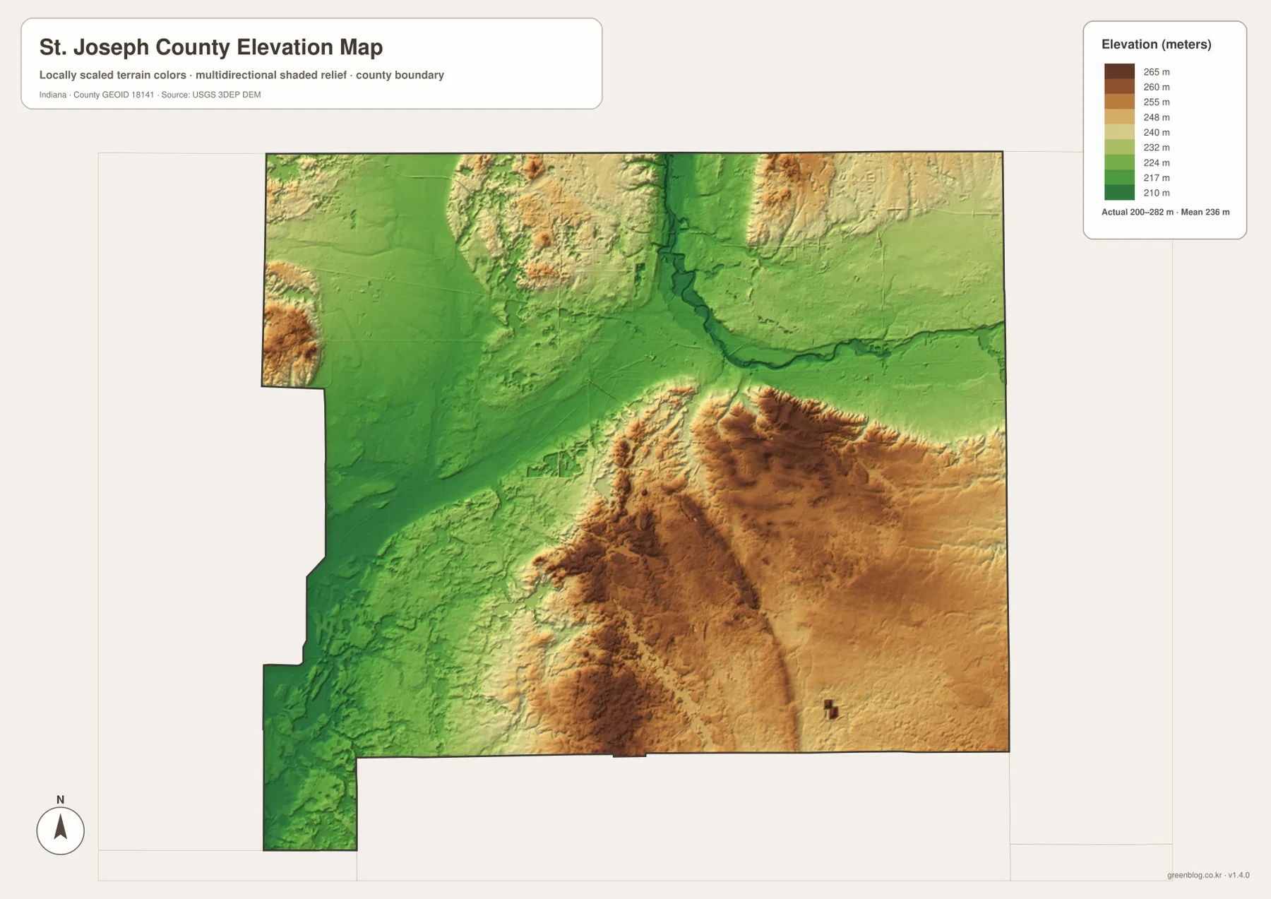 St. Joseph County elevation map showing low green terrain along St. Joseph River and the west, with higher orange-brown ground in the south-central and eastern interior