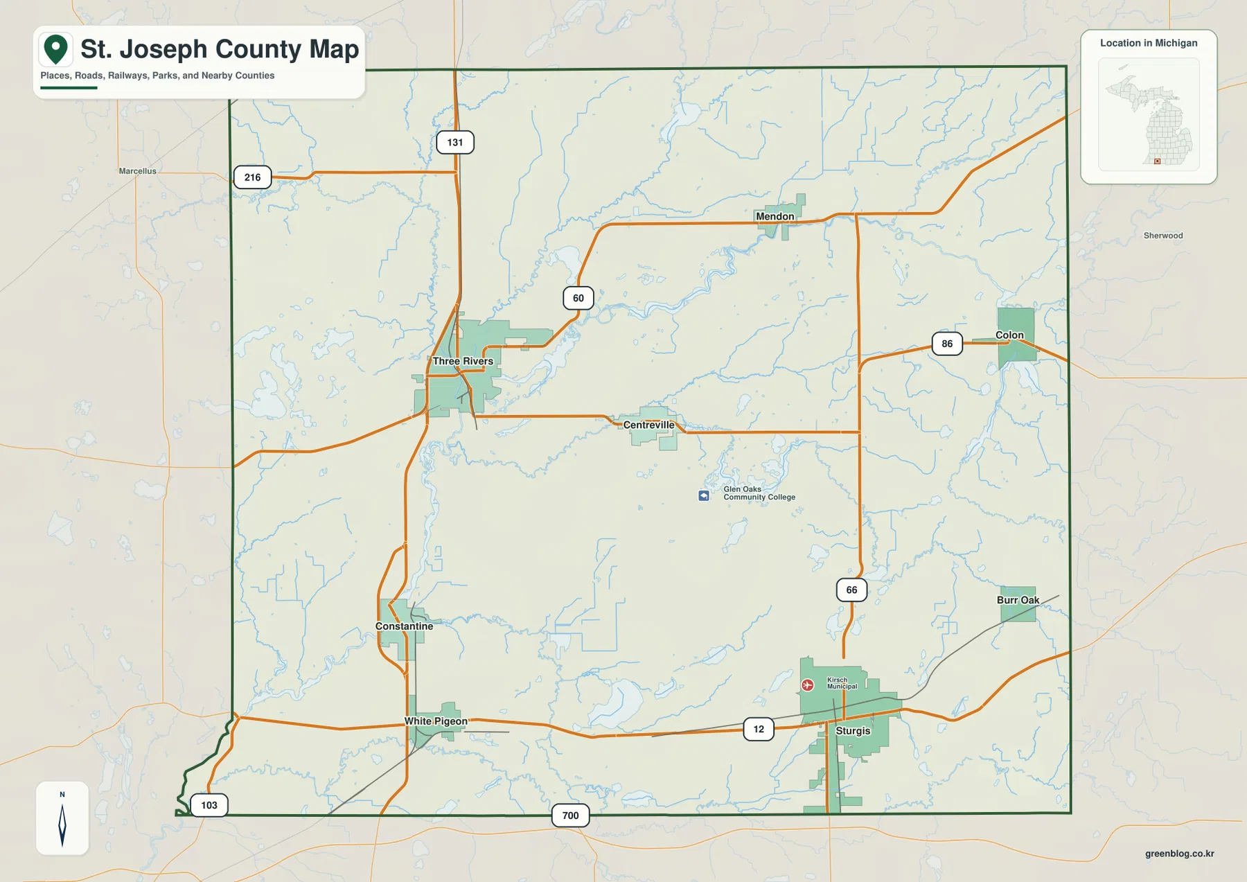 Three Rivers, Sturgis, Centreville, US-131, US-12, M-60, M-66과 주요 지명을 보여 주는 미시간주 St. Joseph County 지도