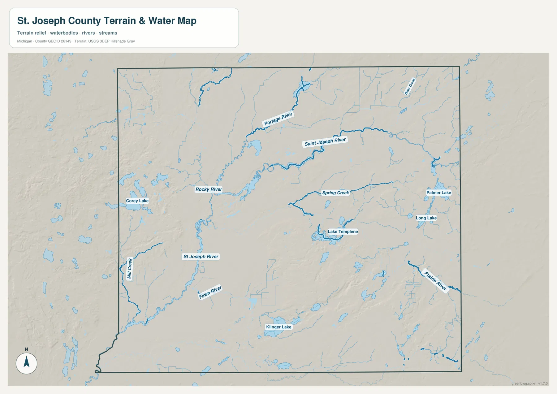 St. Joseph River, Portage River, Rocky River, Prairie River, Klinger Lake와 여러 수역을 보여 주는 St. Joseph County 수역 지도