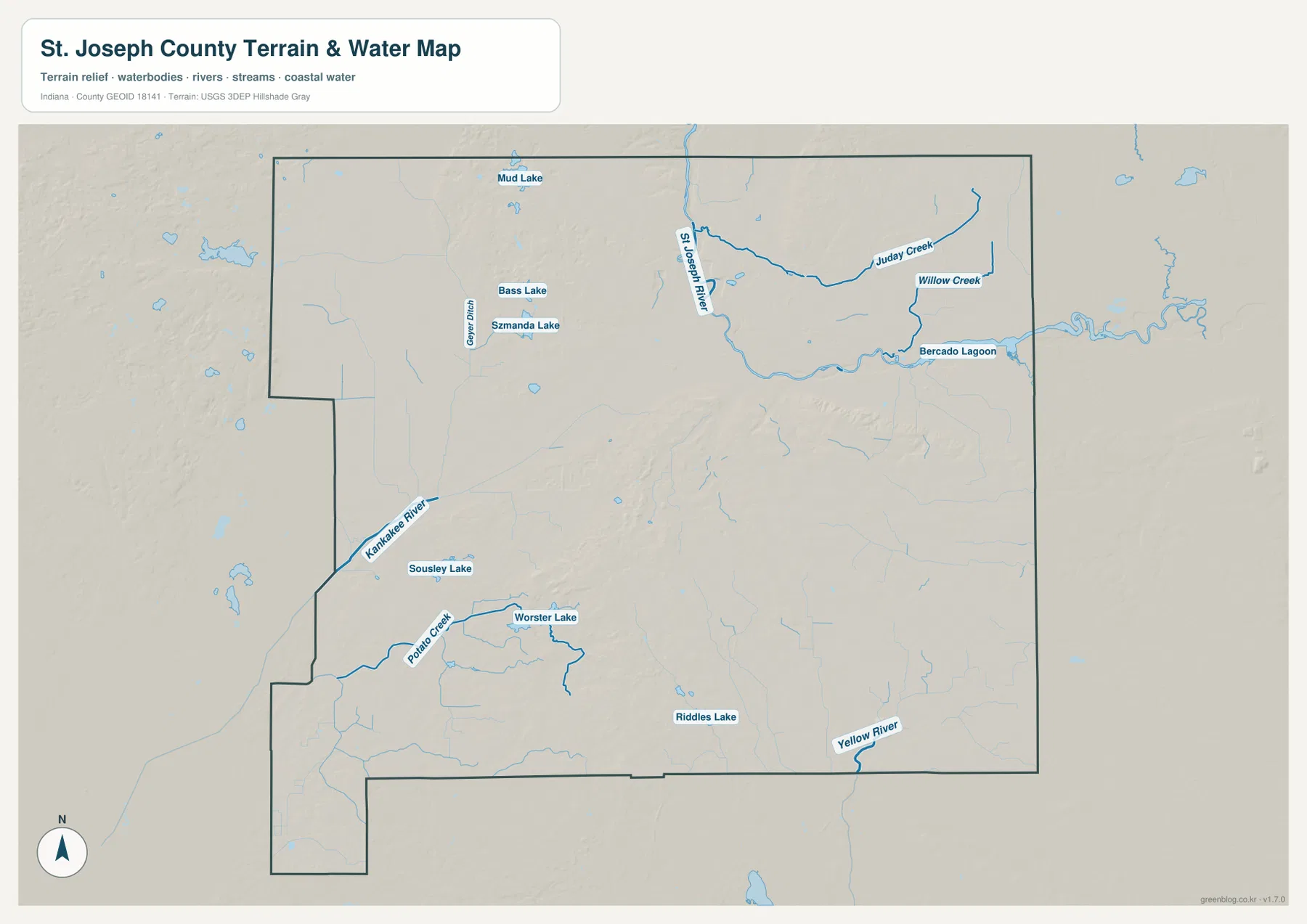 St. Joseph County water map showing St. Joseph River, Juday Creek, Willow Creek, Kankakee River, Potato Creek, Worster Lake, and other lakes