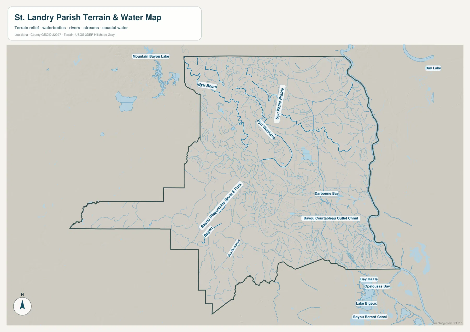 St. Landry Parish water map showing Bayou Boeuf, Bayou Petite Prairie, Bayou Plaquemine Brulee Fork, Darbonne Bay, and Bayou Courtableau Outlet Channel