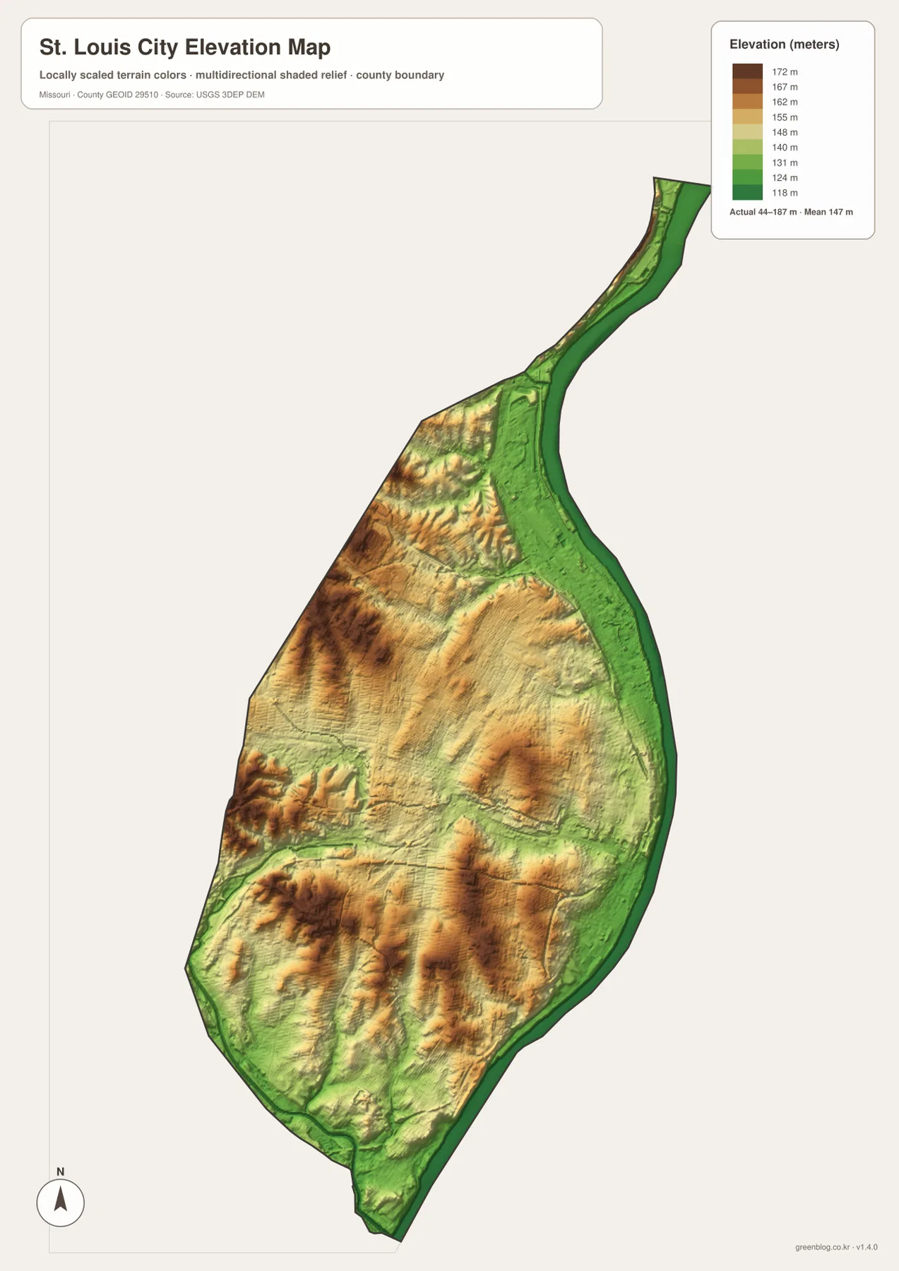 St. Louis City elevation map showing 44 to 187 meter relief, low Mississippi River terrain, and higher western and southwestern hills