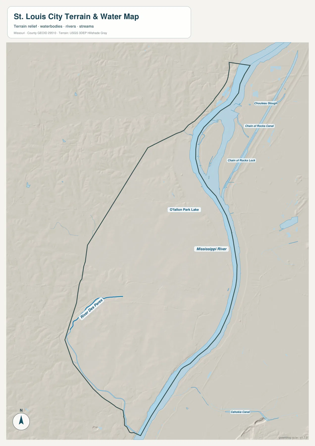 St. Louis City terrain and water map showing Mississippi River, River des Peres, Chain of Rocks Canal, Chouteau Slough, and O’Fallon Park Lake