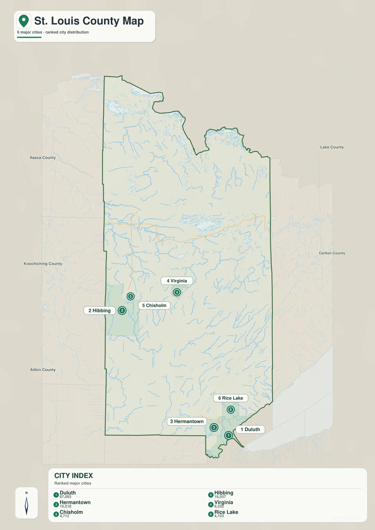 Duluth, Hibbing, Hermantown, Virginia, Chisholm, Rice Lake의 상대 위치와 순위를 보여 주는 St. Louis County 도시 지도