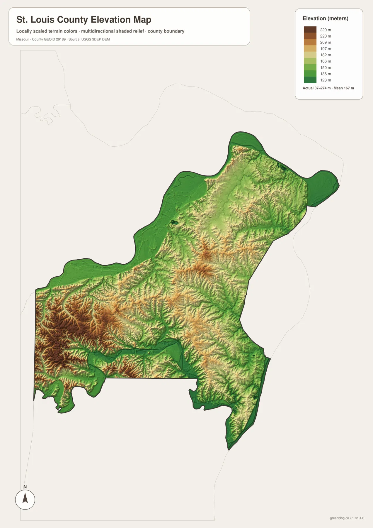 St. Louis County elevation map showing 37 to 274 meter relief, high Wildwood and western hills, and low Missouri River and creek valleys