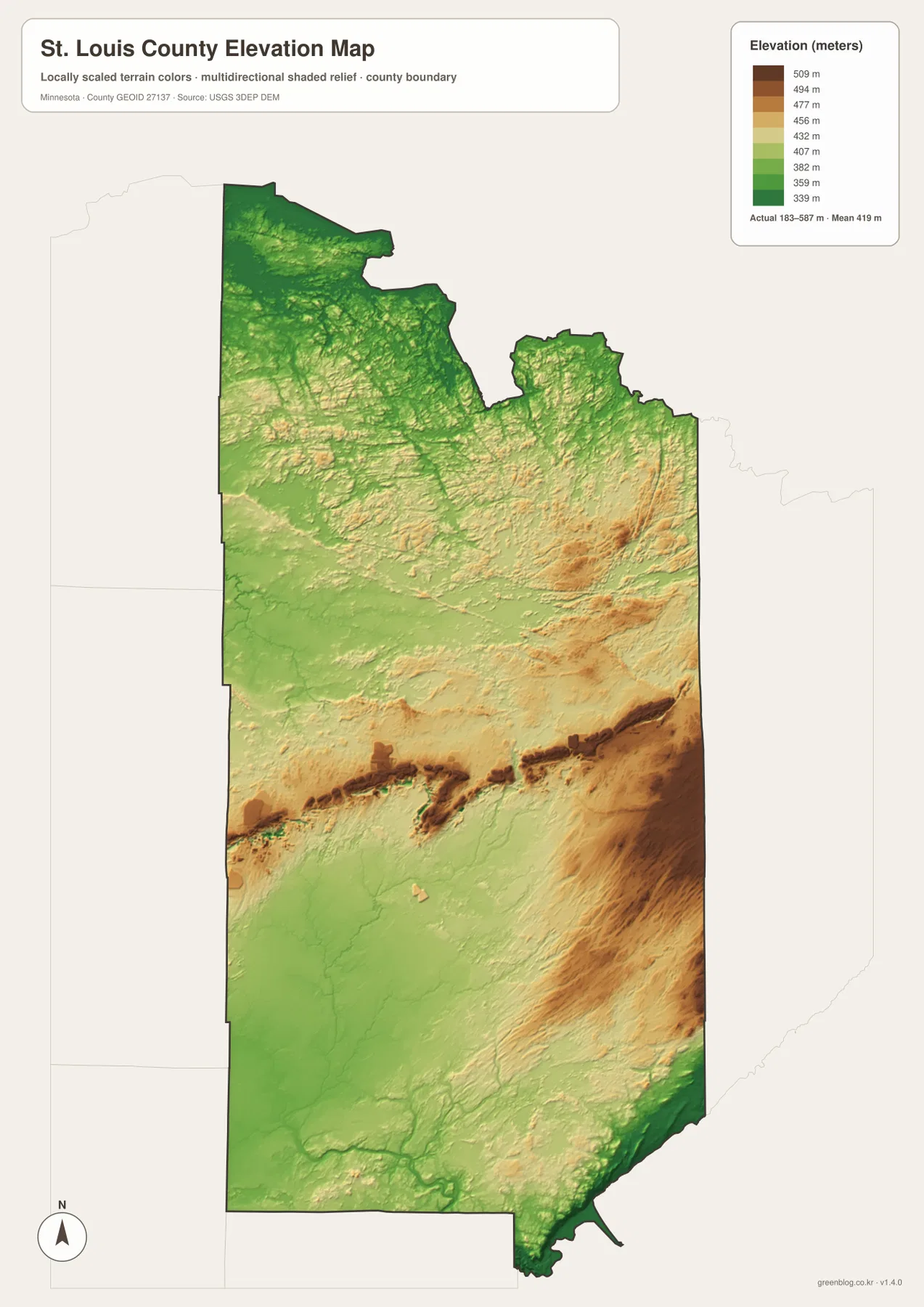 183m에서 587m 사이 St. Louis County 고도, Lake Superior 연안 저지와 Iron Range 주변 내륙 고지를 보여 주는 고도 지도