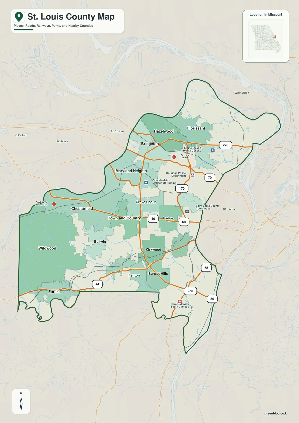 St. Louis County Missouri map showing Florissant, Chesterfield, Wildwood, Kirkwood, I-70, I-270, I-64, and I-44