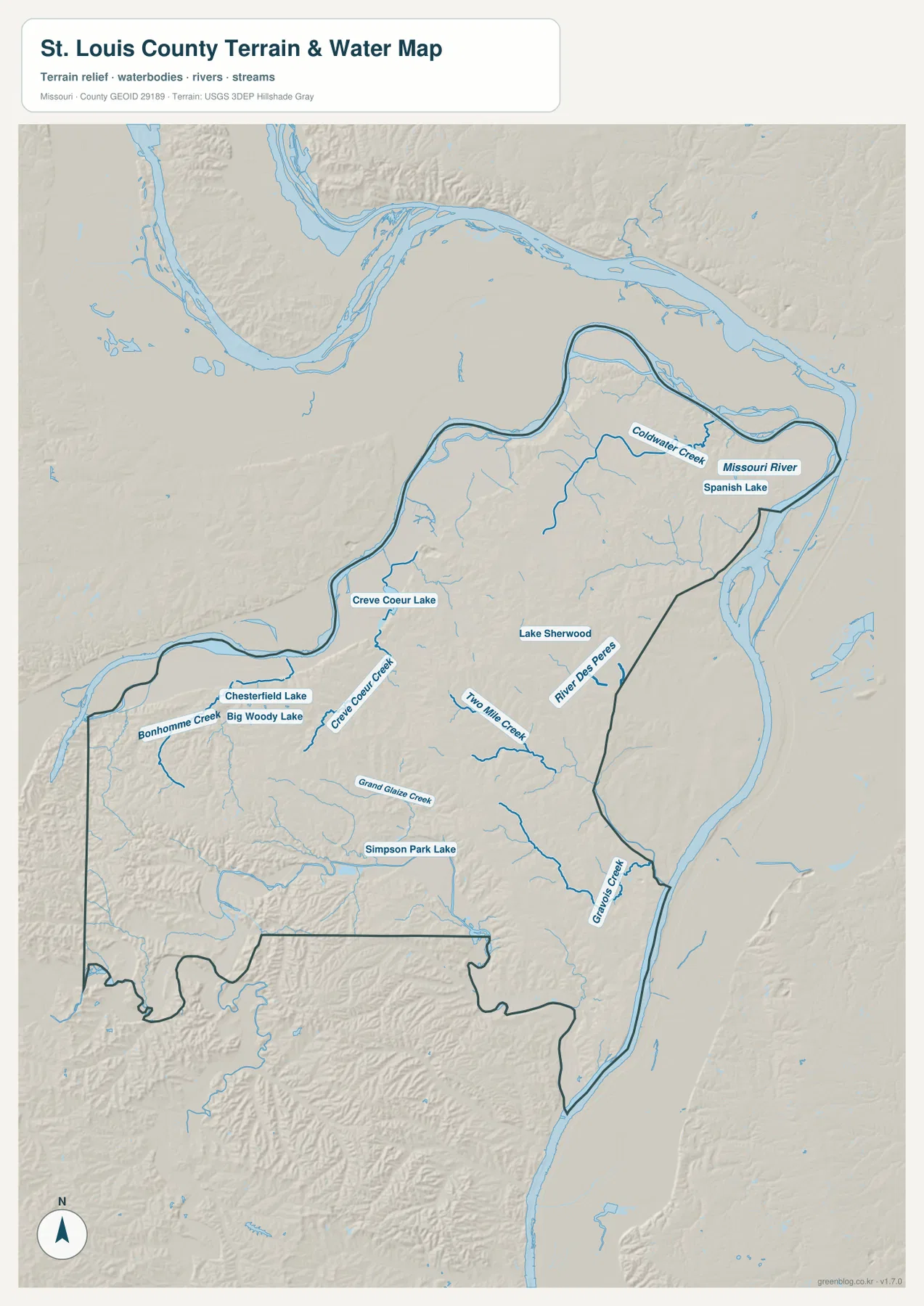 St. Louis County terrain and water map showing Missouri River, Coldwater Creek, Creve Coeur Creek, Bonhomme Creek, Grand Glaize Creek, and River des Peres