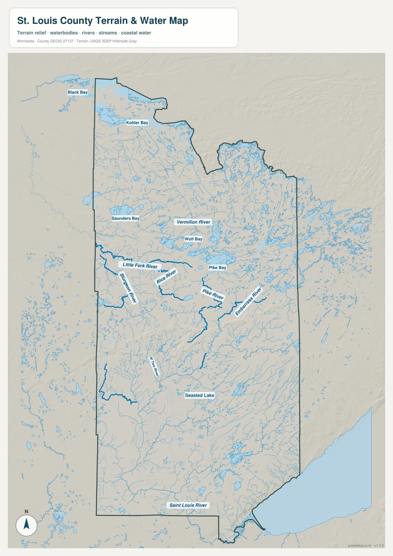 Lake Vermilion의 여러 만, Vermilion River, Little Fork River, Sturgeon River, Rice River, Pike River, Embarrass River, St. Louis River와 Lake Superior를 표시한 St. Louis County 수역 지도