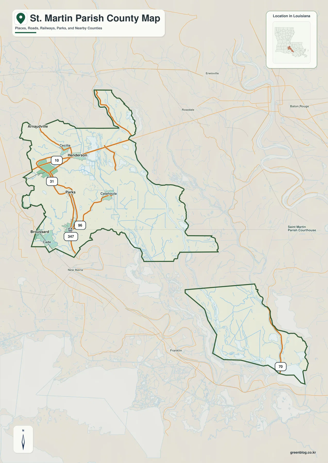 Breaux Bridge, St. Martinville, Henderson, Parks, Cecilia, Arnaudville와 I-10, LA 31, LA 96, LA 347을 보여 주는 세인트마틴 패리시 지도