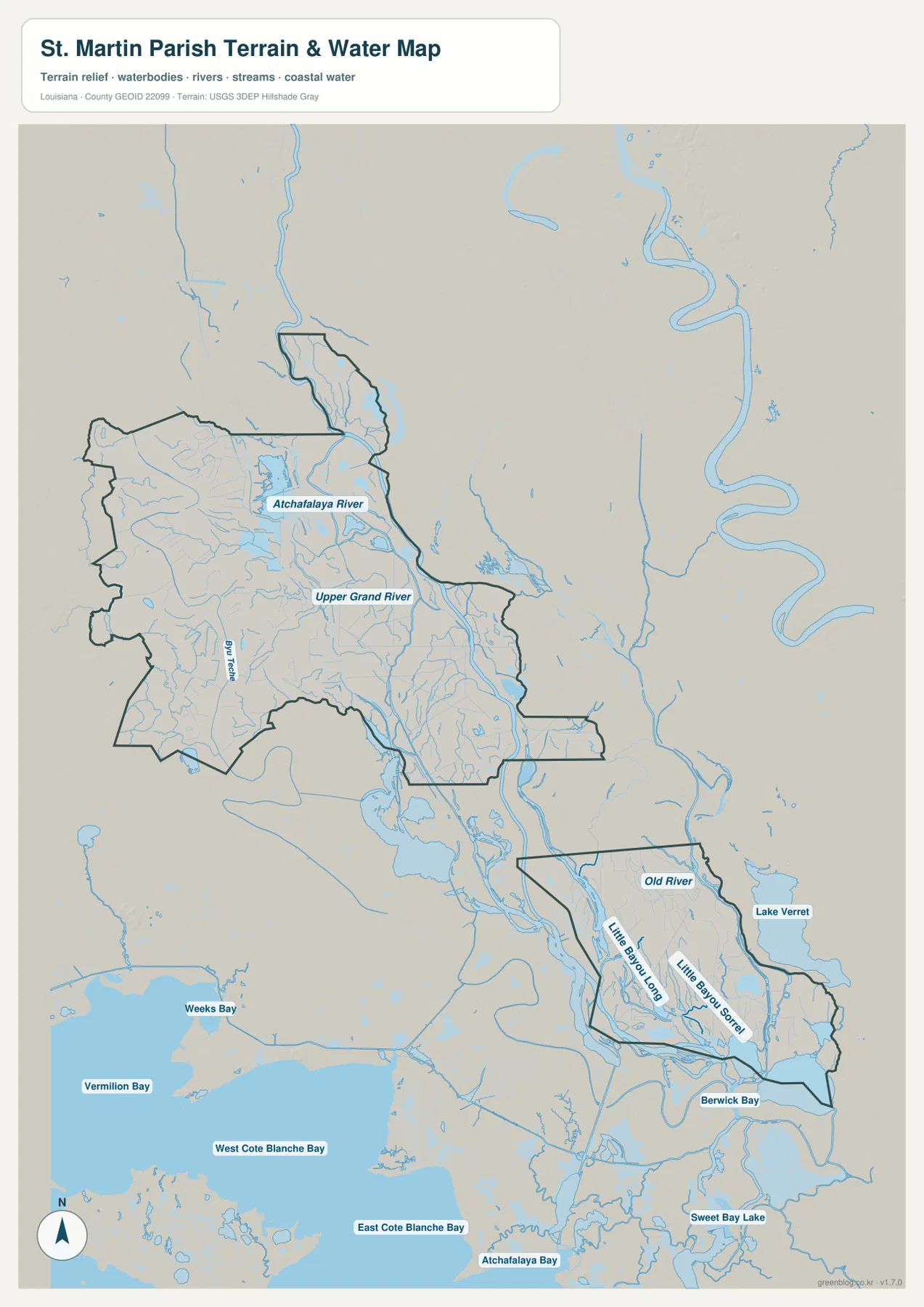 Atchafalaya River, Upper Grand River, Bayou Teche, Old River, Little Bayou Long, Little Bayou Sorrel, Berwick Bay를 보여 주는 St. Martin Parish 수역 지도