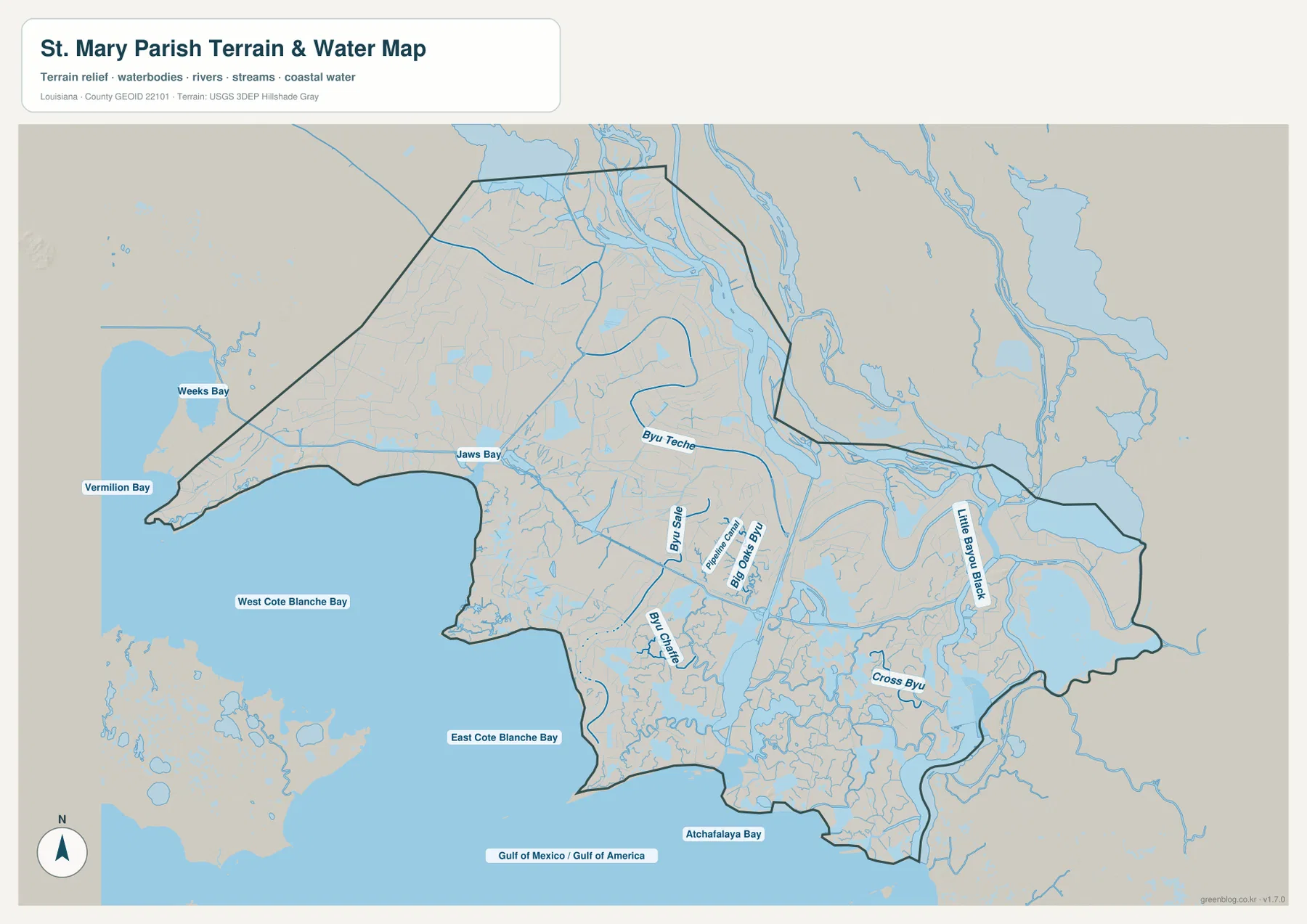 Bayou Teche, Bayou Sale, Big Oaks Bayou, Little Bayou Black, Cross Bayou, Cote Blanche Bay, Atchafalaya Bay를 보여 주는 St. Mary Parish 수역 지도