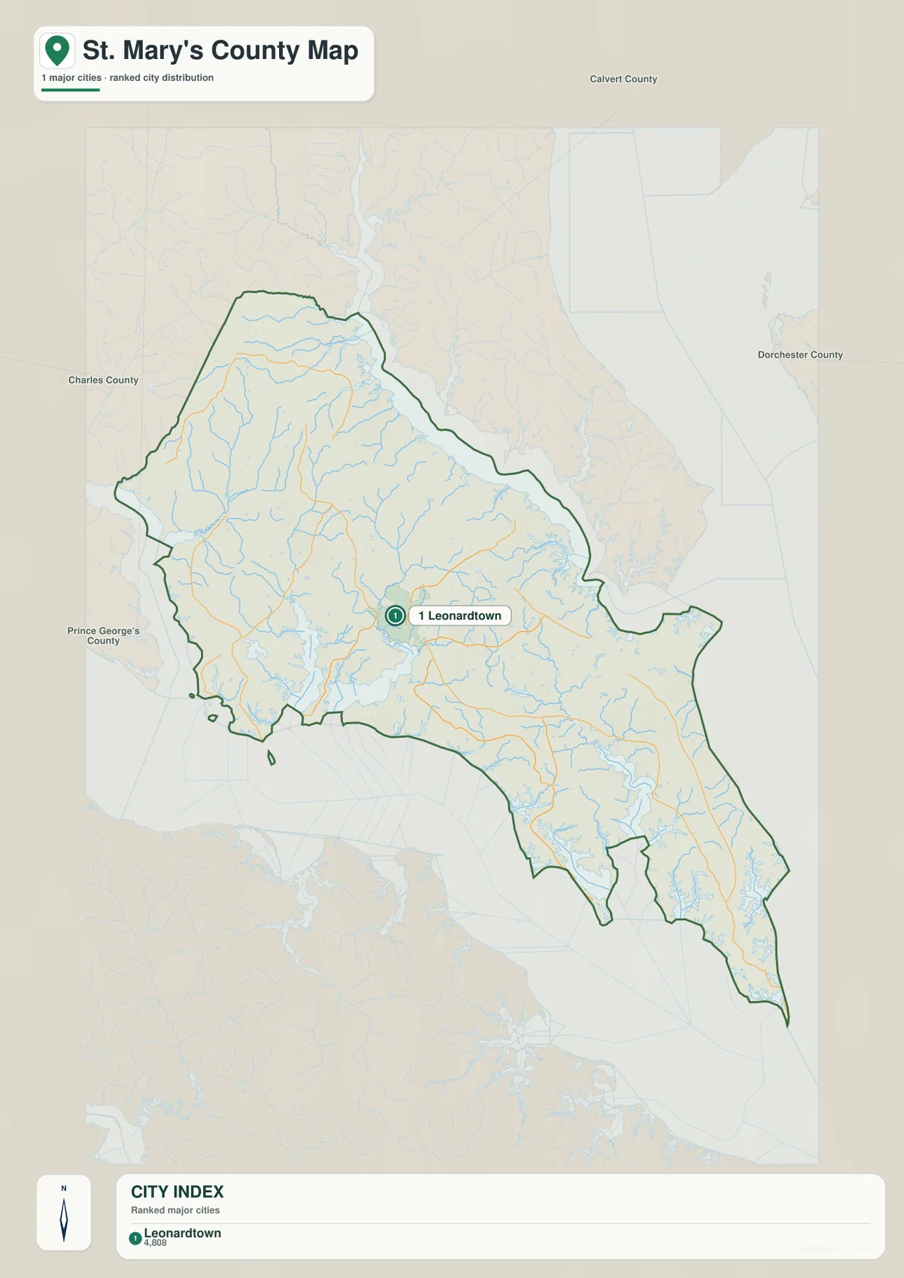 St. Mary's County Maryland City Index map showing Leonardtown as the single ranked city