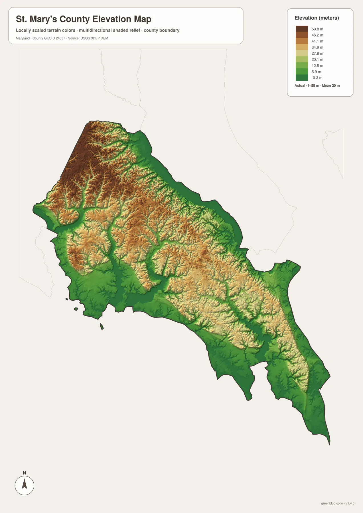 St. Mary's County Maryland elevation map showing higher northwestern and central uplands and lower coastal land along Patuxent River, Chesapeake Bay, bays and creek valleys