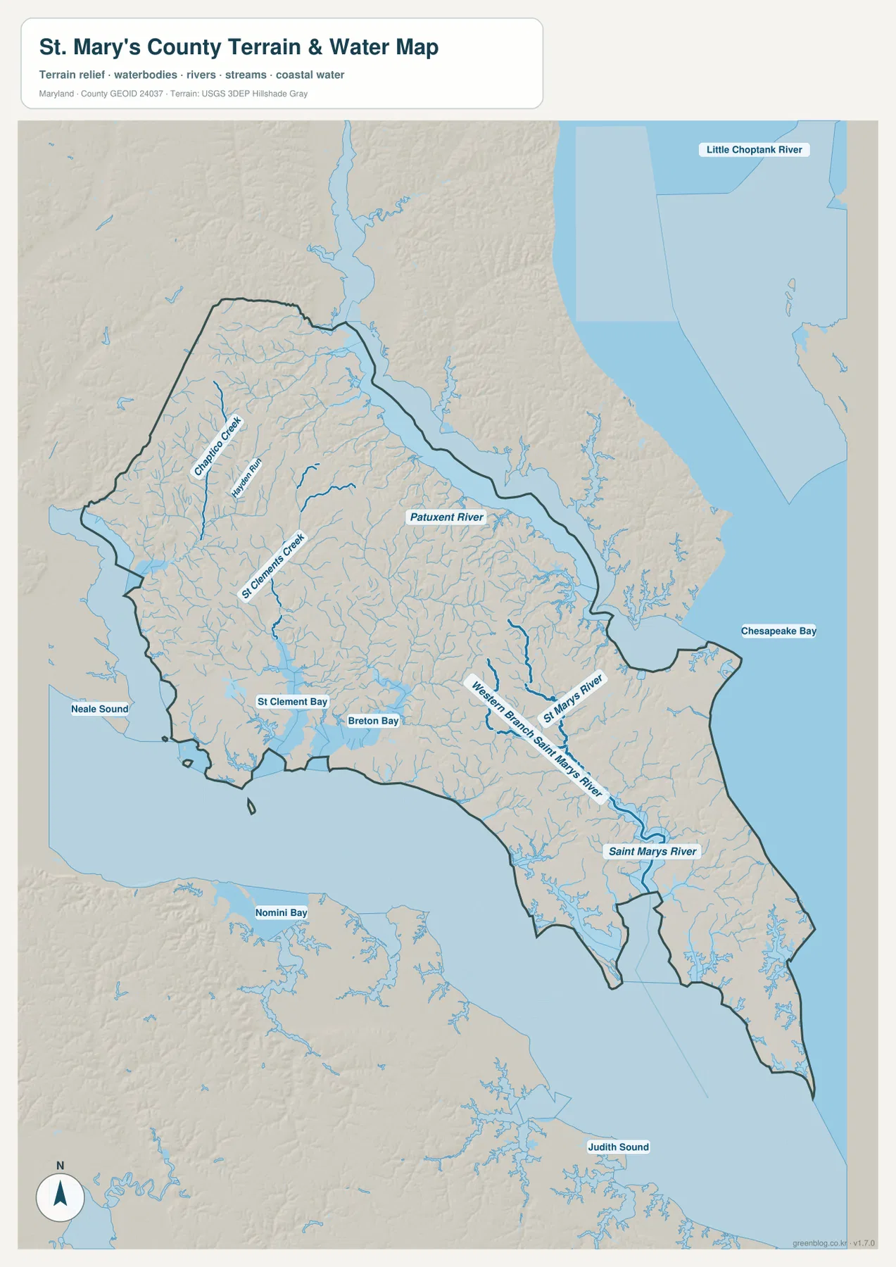 St. Mary's County Maryland terrain and water map showing Patuxent River, Chaptico Creek, St. Clements Creek, St. Clement Bay, Breton Bay, St. Marys River, Western Branch St. Marys River and Chesapeake Bay