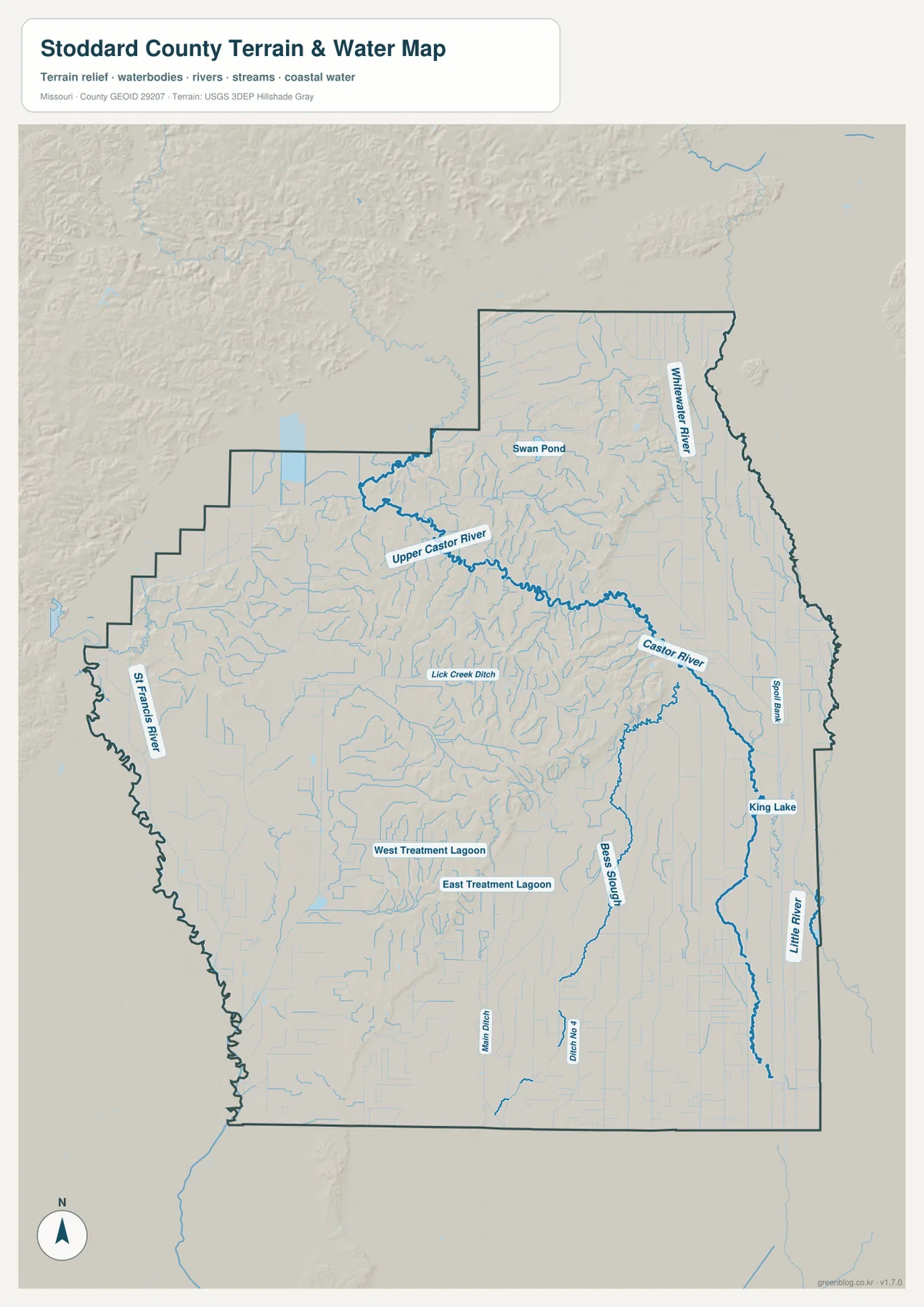 Upper Castor River, Castor River, Whitewater River, Little River, St. Francis River, King Lake와 주요 ditch를 표시한 Stoddard County 지형 수역 지도