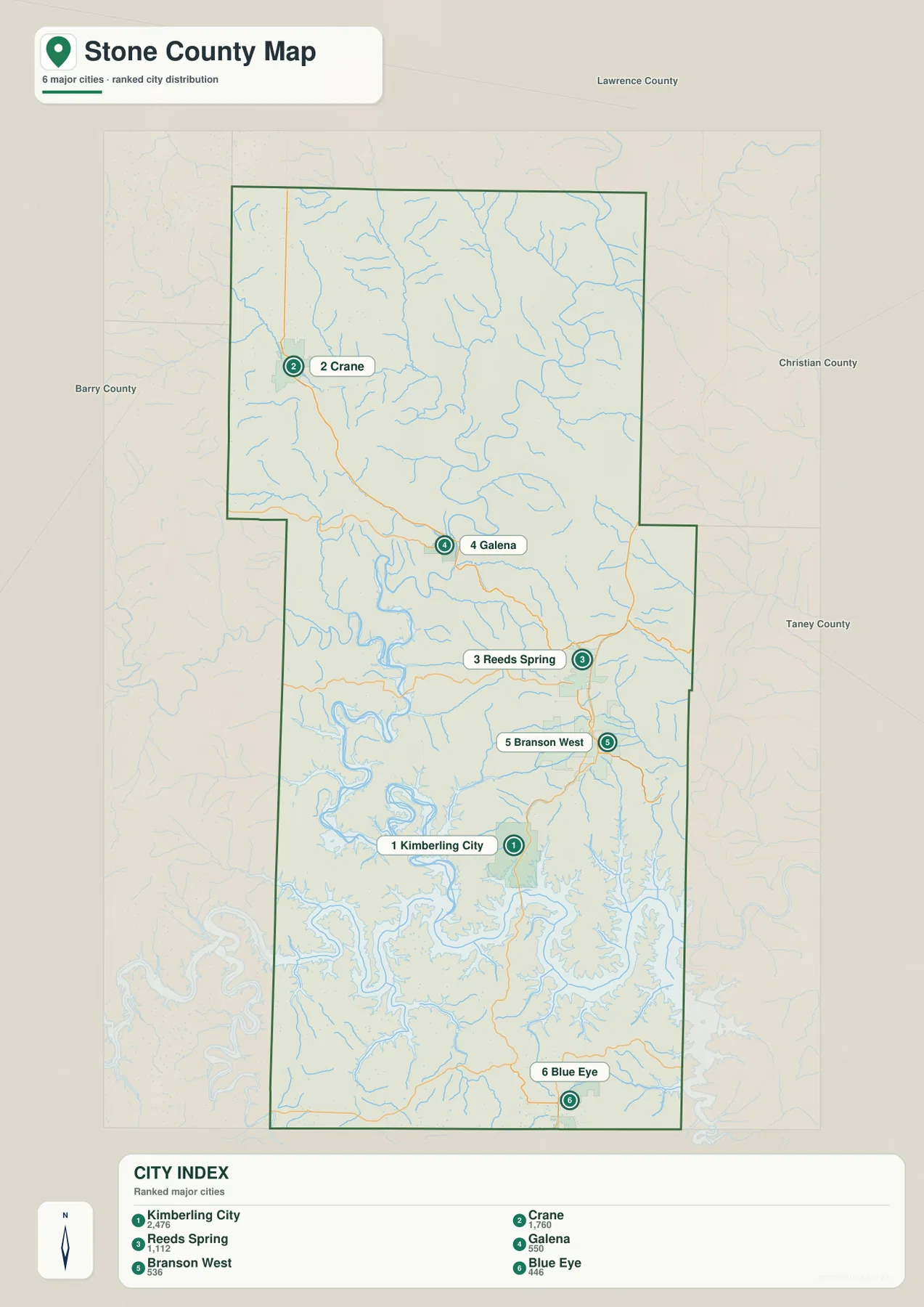 Kimberling City, Crane, Reeds Spring, Galena, Branson West, Blue Eye의 위치와 도시 인덱스를 표시한 Stone County 도시 지도