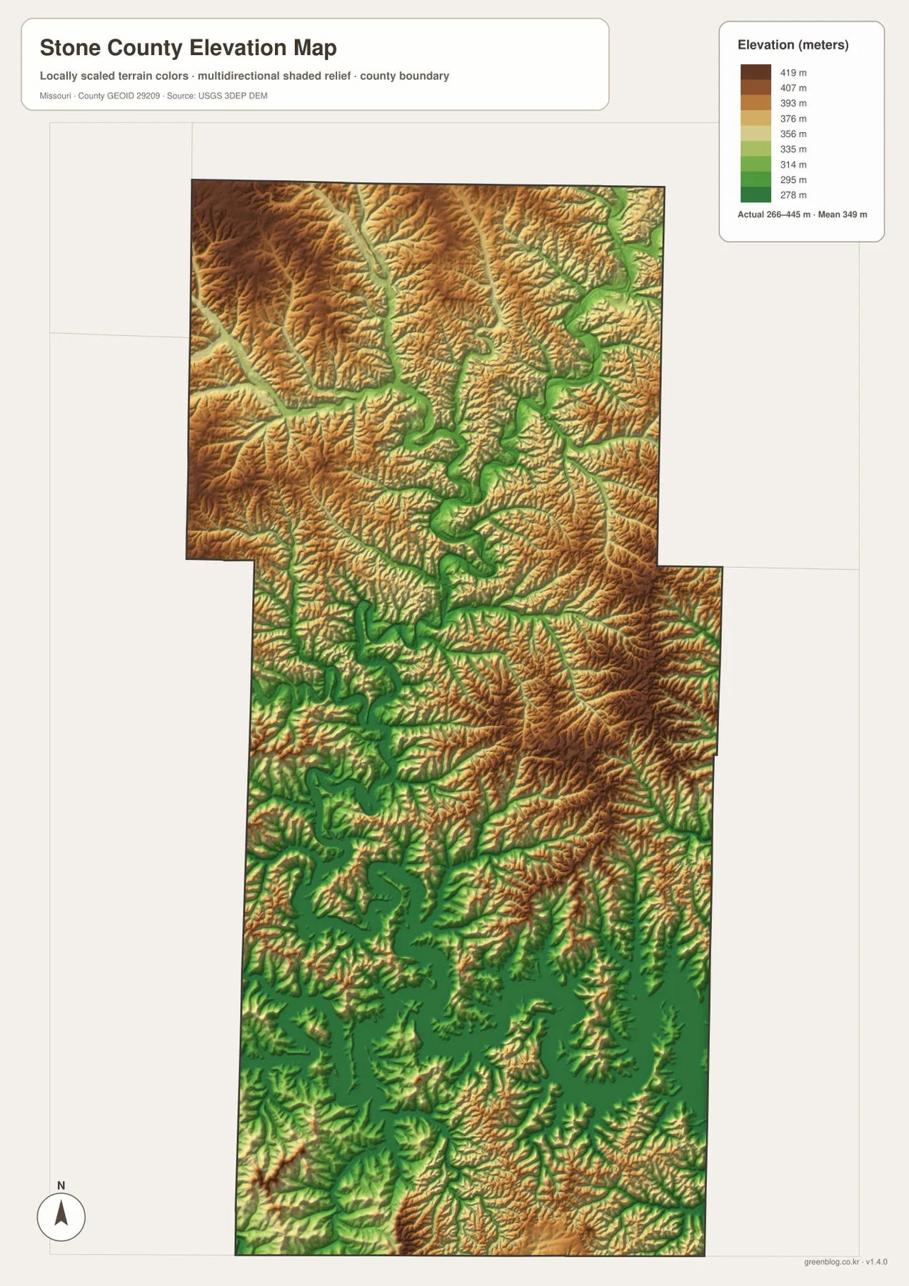 266~445m 고도 범위와 높은 Ozark 능선, James River 골짜기, Table Rock Lake 저지를 보여 주는 Stone County 고도 지도