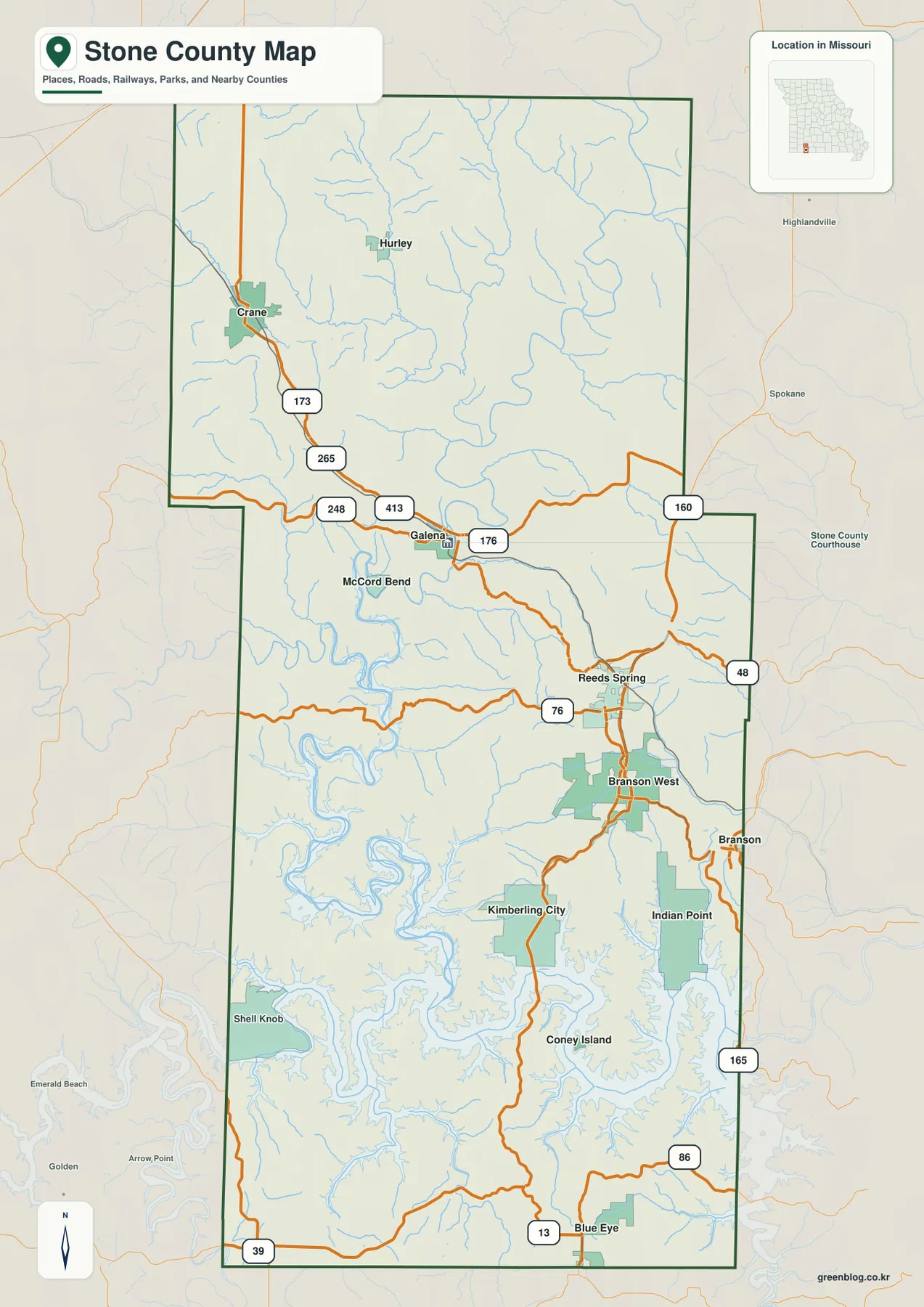 Galena, Kimberling City, Reeds Spring, Branson West, Crane, Blue Eye와 Route 13, Route 76을 표시한 Stone County 지도