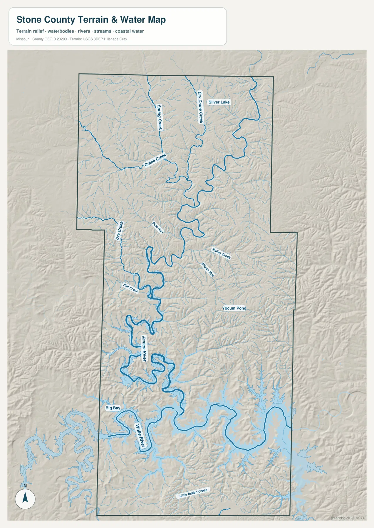 James River, White River, Table Rock Lake, Spring Creek, Dry Crane Creek, Crane Creek를 표시한 Stone County 지형 수역 지도