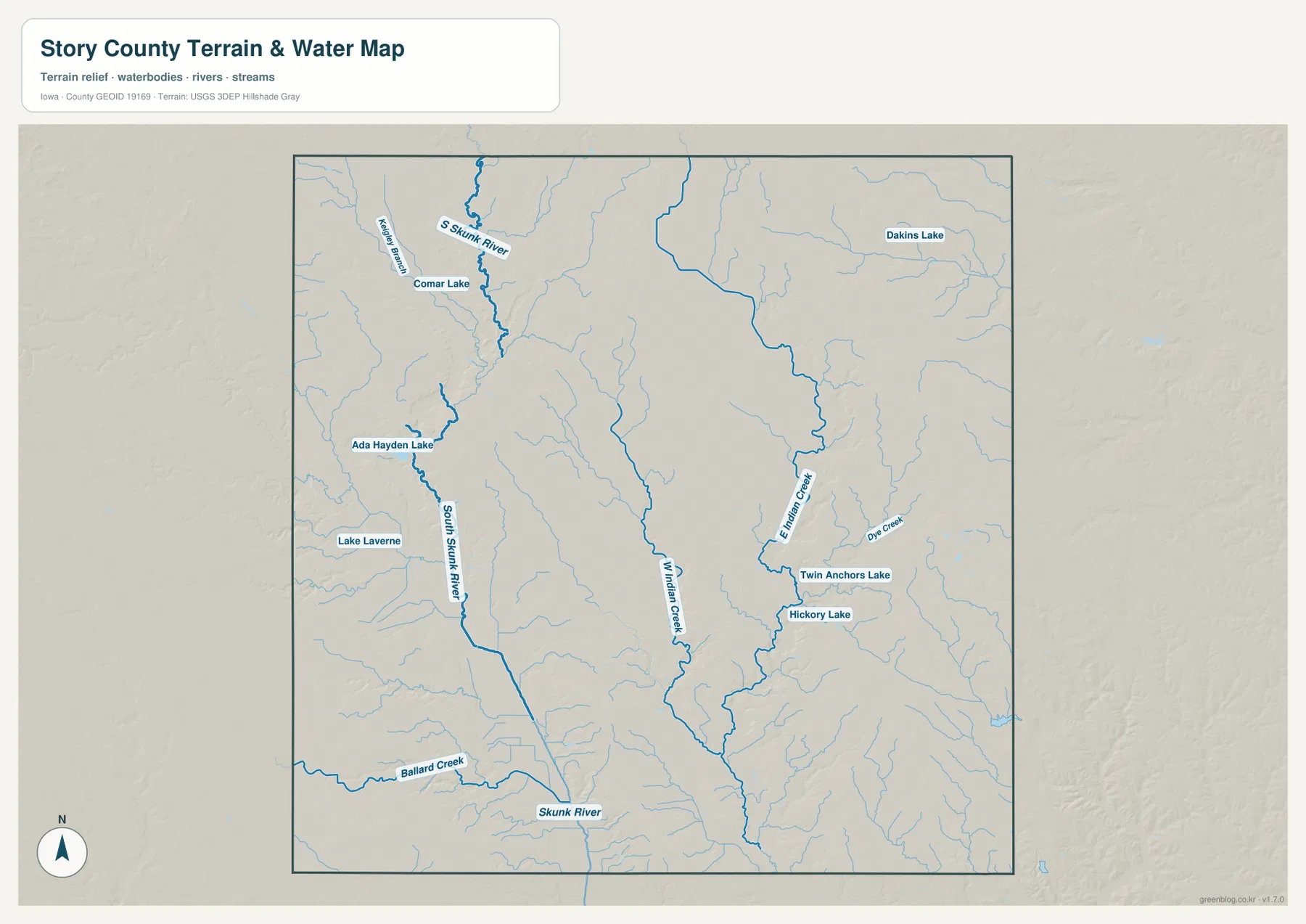Story County Iowa South Skunk River Skunk River Indian Creek 물 지형 지도