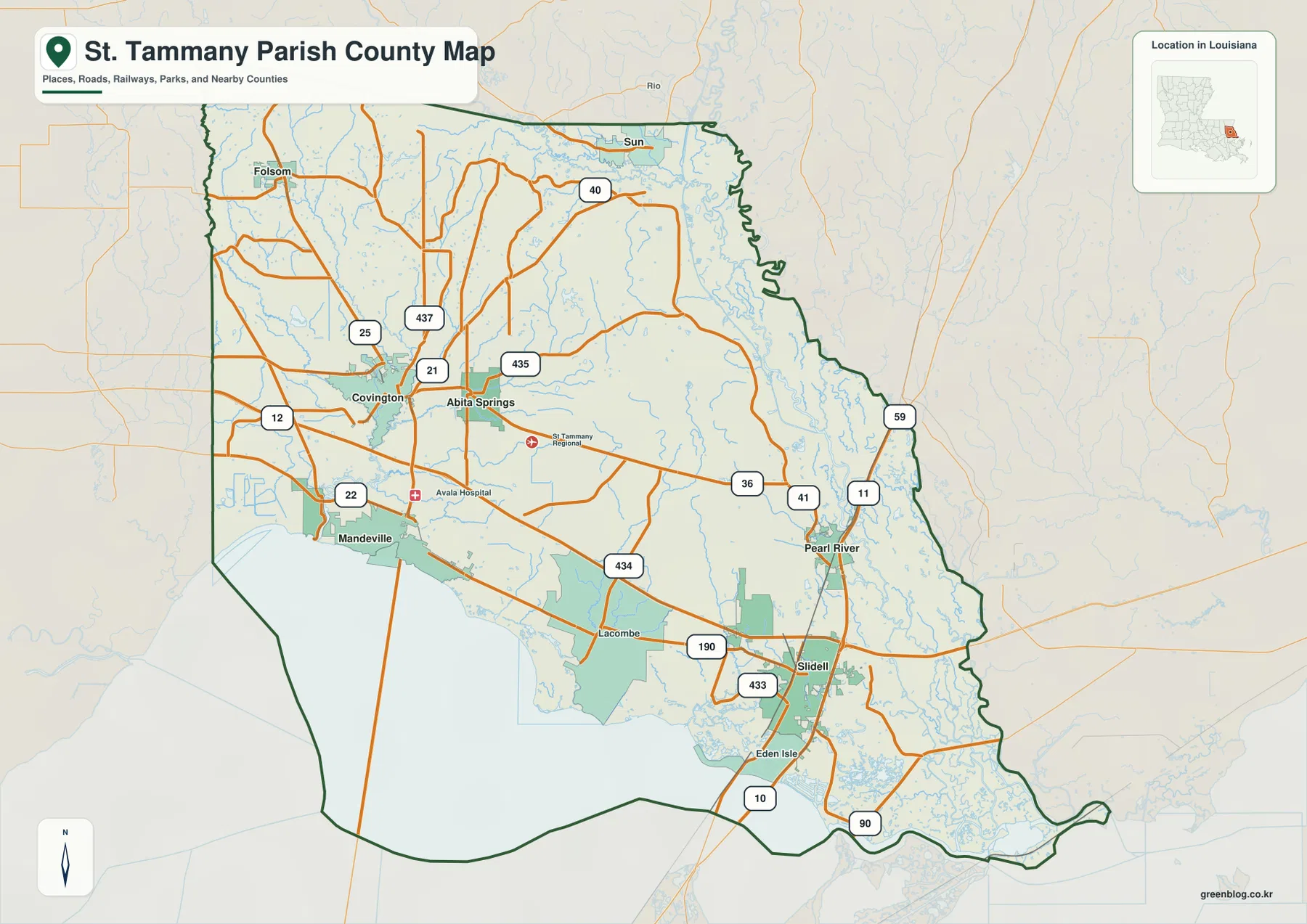 St. Tammany Parish map showing Covington, Mandeville, Slidell, Abita Springs, Pearl River, I-12, I-10, I-59, and U.S. 190
