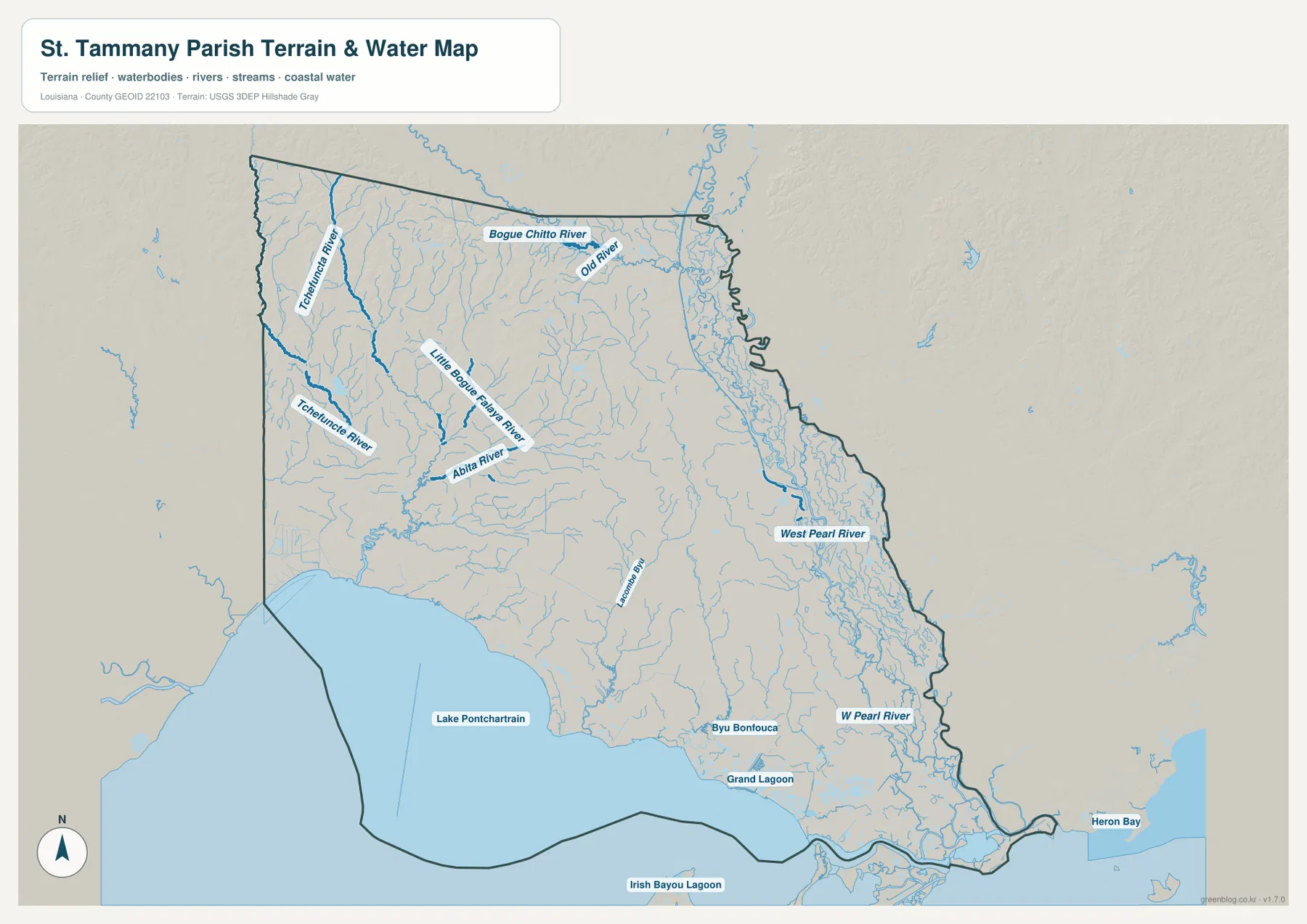 St. Tammany Parish water map showing the Tchefuncte River, Bogue Chitto River, Little Bogue Falaya River, Abita River, West Pearl River, and Lake Pontchartrain