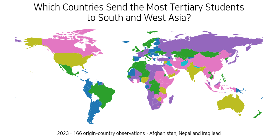 World map showing origin countries of internationally mobile tertiary students studying in South and West Asia in 2023