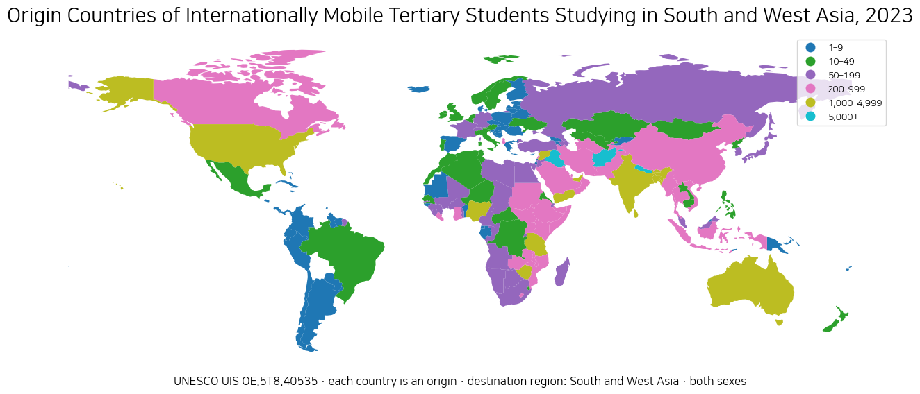 World map showing origin countries of internationally mobile tertiary students studying in South and West Asia in 2023