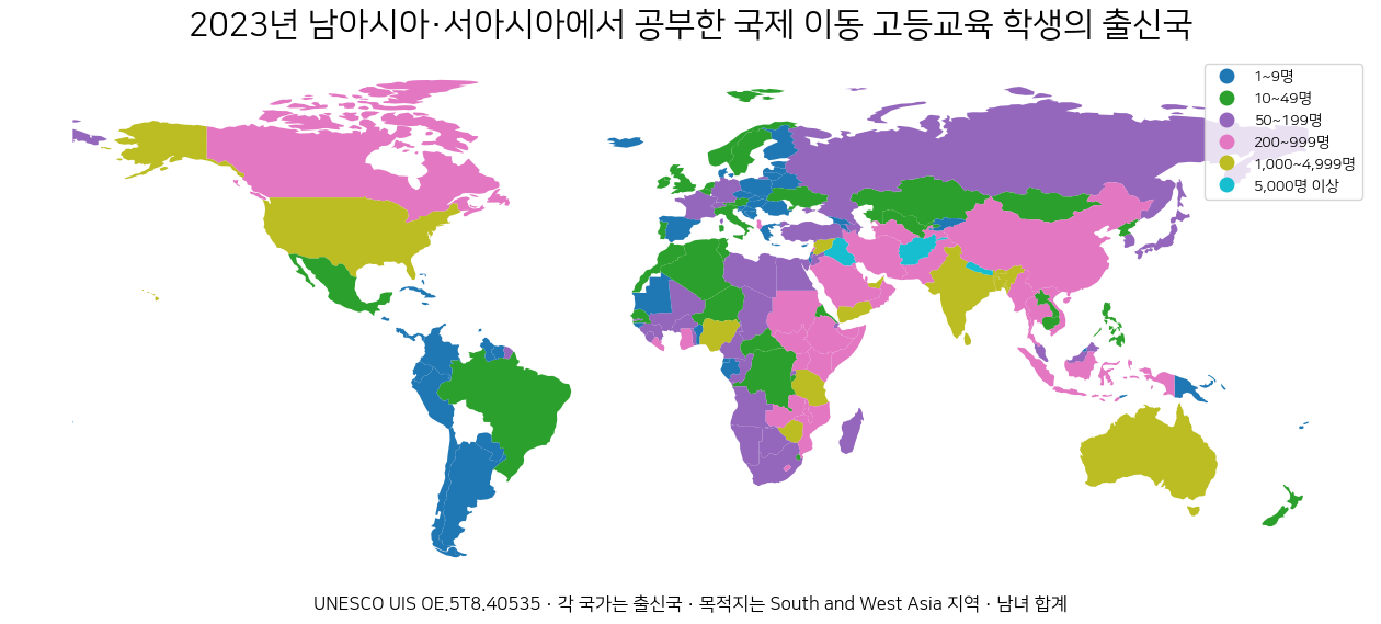 2023년 남아시아와 서아시아에서 공부한 국제 이동 고등교육 학생을 출신국별로 표시한 세계 지도