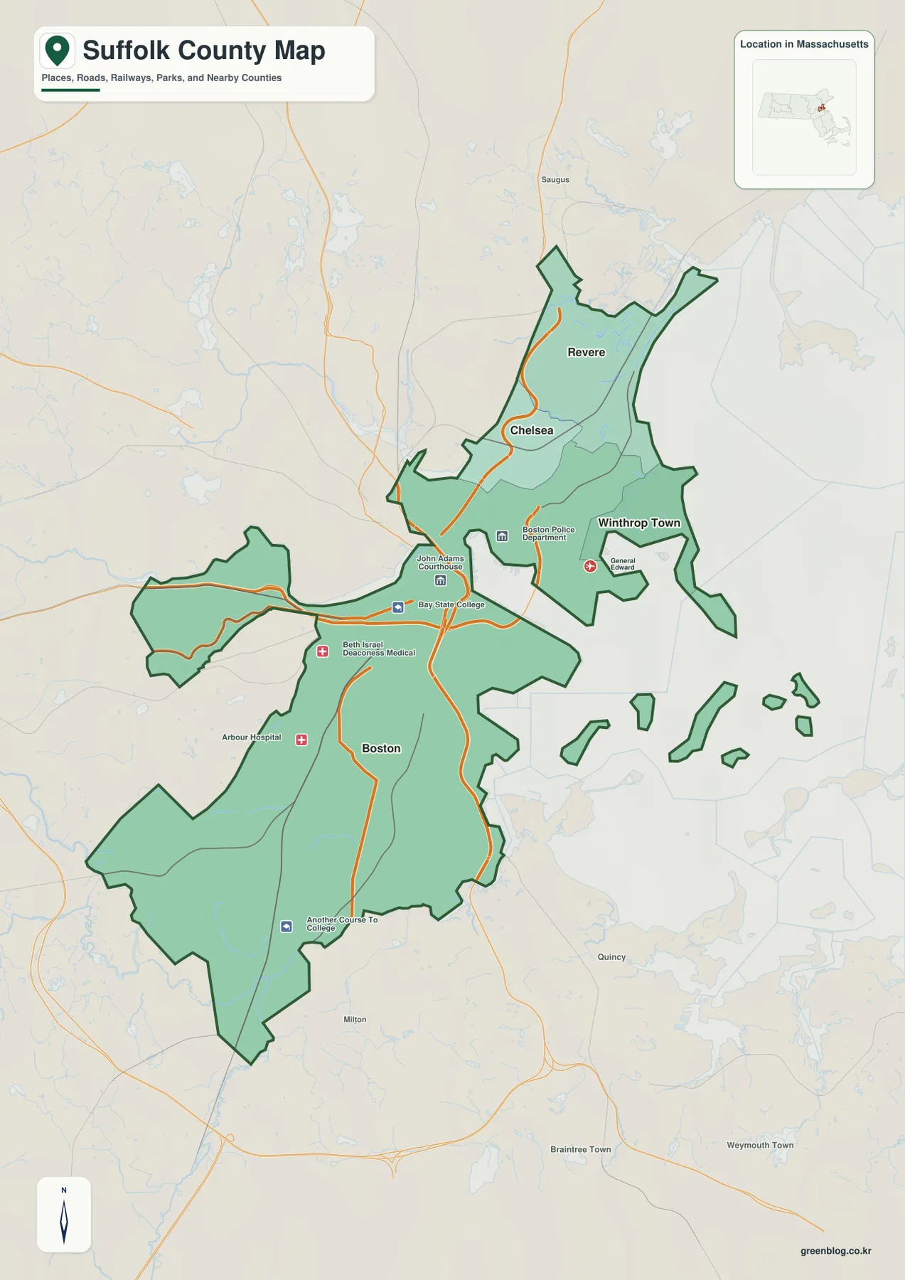 Suffolk County Massachusetts map showing Boston, Chelsea, Revere, Winthrop Town, nearby coastlines, and surrounding communities