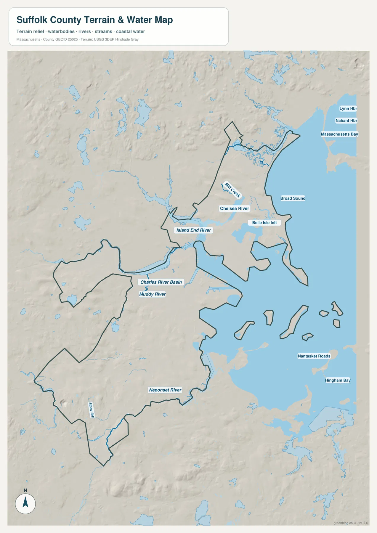 Suffolk County terrain and water map showing Charles River Basin, Muddy River, Chelsea River, Island End River, Neponset River, Broad Sound, and Massachusetts Bay
