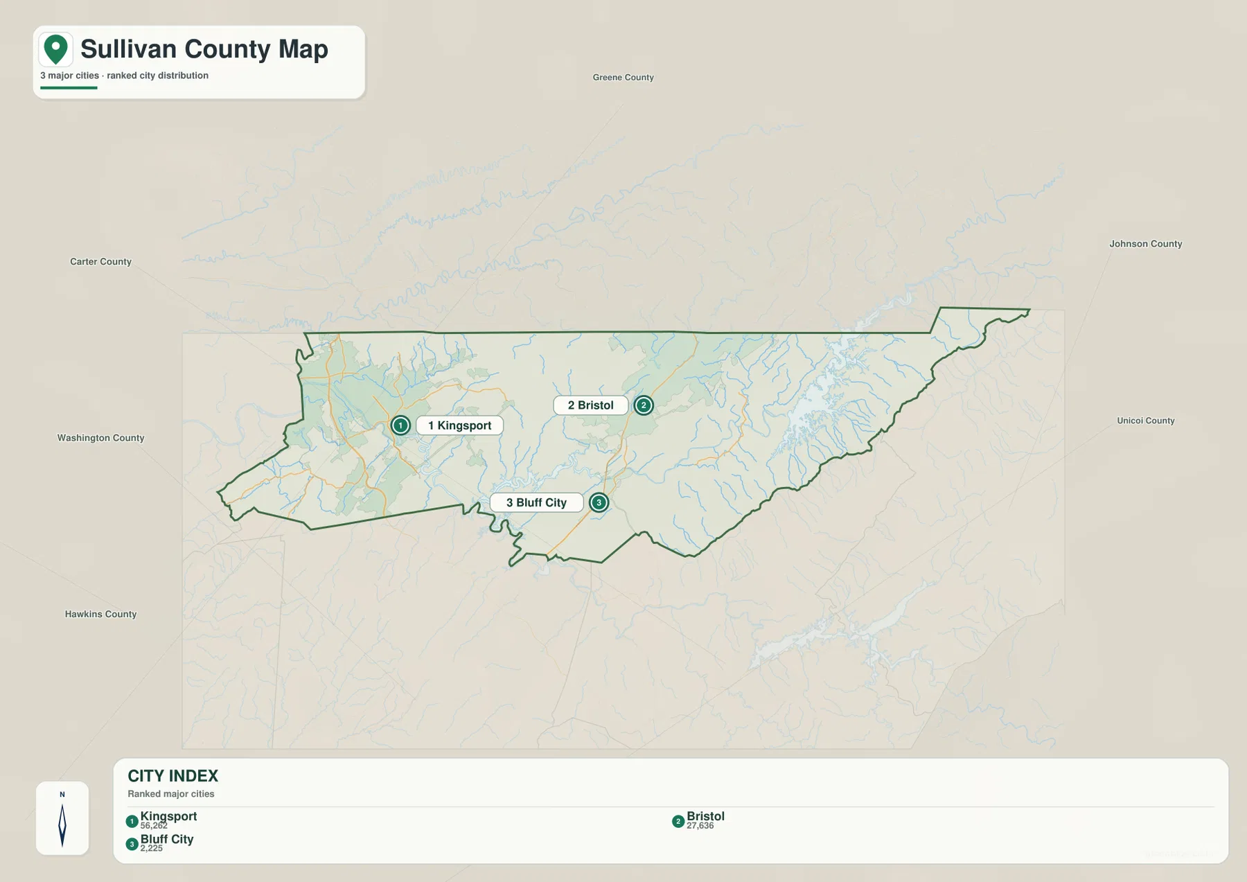 Sullivan County city map ranking Kingsport, Bristol, and Bluff City