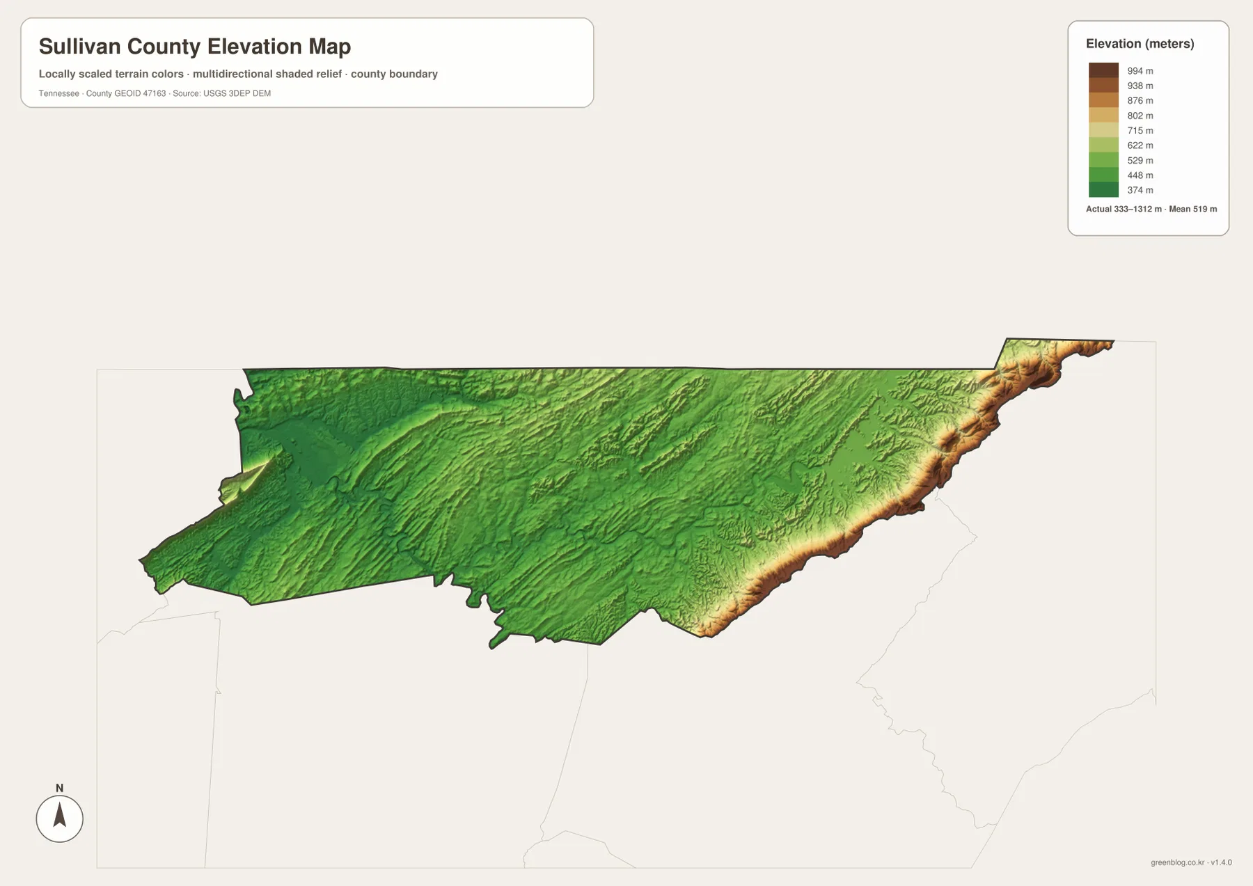 Sullivan County Tennessee elevation map showing lower western valleys and high eastern ridges
