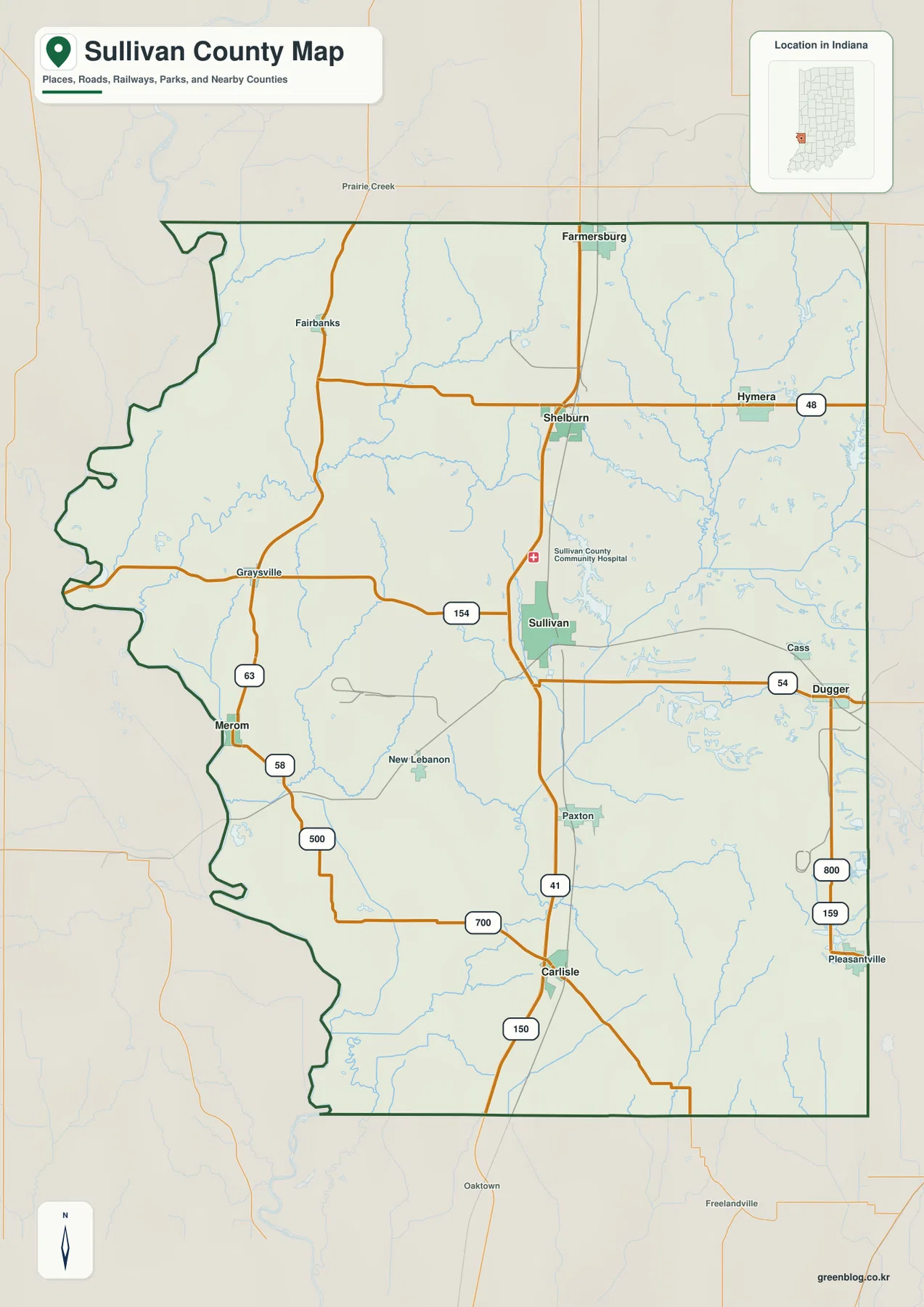 Sullivan County 일반 지도에 Sullivan, Farmersburg, Shelburn, Hymera, Dugger, Carlisle와 Wabash River 및 주요 도로가 표시된 모습