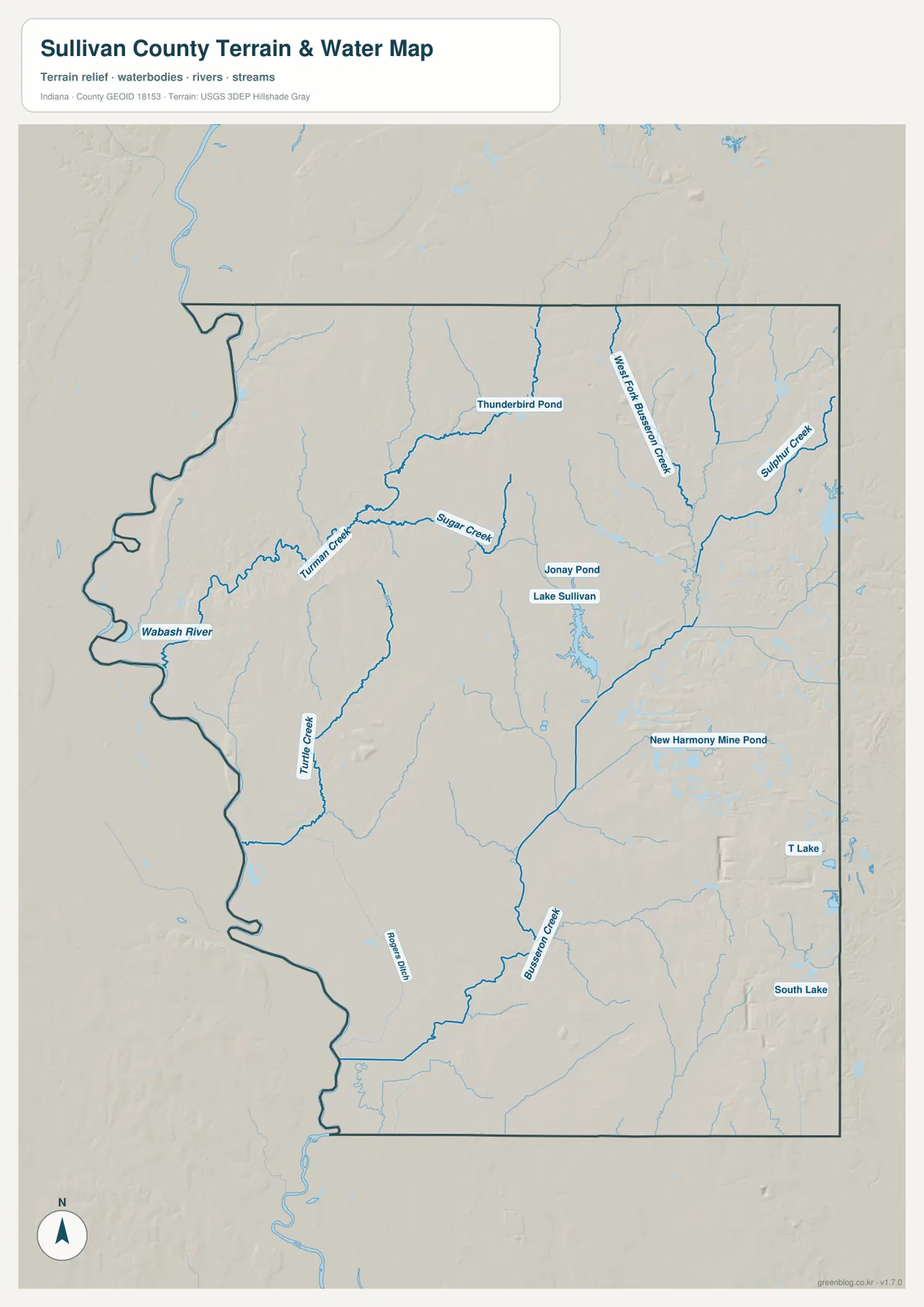 Sullivan County 수역 지도에 Wabash River, Sugar Creek, Turman Creek, West Fork Busseron Creek, Sulphur Creek, Lake Sullivan과 여러 연못이 표시된 모습