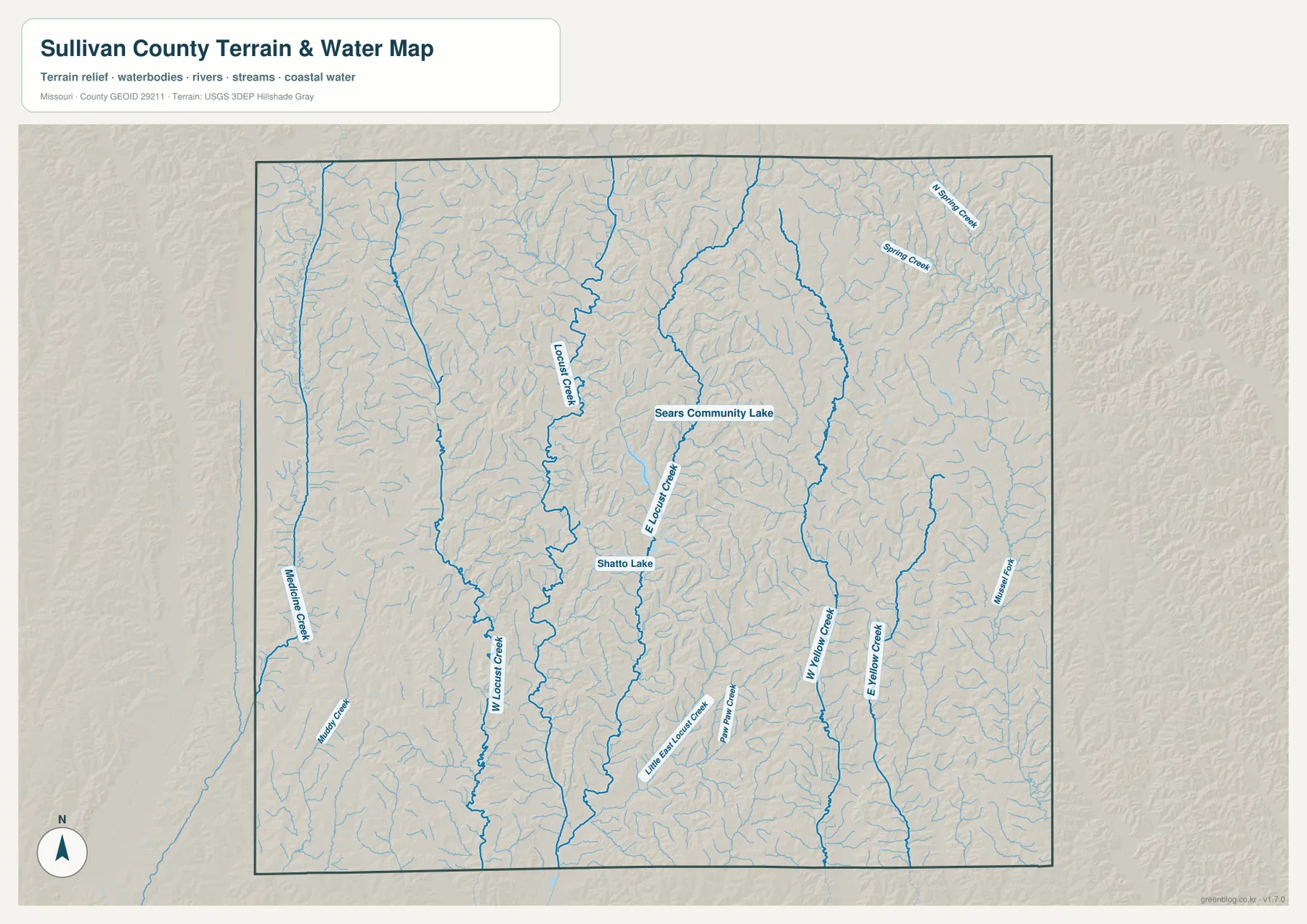 Locust Creek 계통, Yellow Creek, Medicine Creek, Mussels Fork, Spring Creek, Sears Community Lake를 표시한 Sullivan County 지형 수역 지도