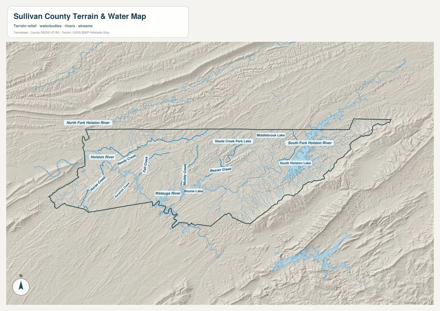 Sullivan County water map with North Fork Holston River, South Fork Holston River, Watauga River, Boone Lake, and South Holston Lake