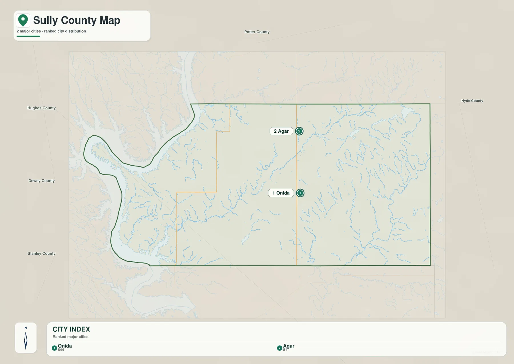 Sully County city map comparing the locations of Onida and Agar
