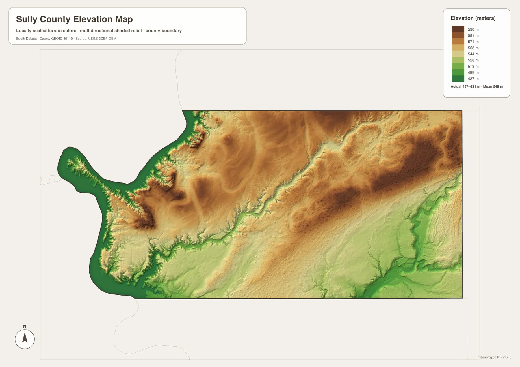 Sully County elevation map showing low Lake Oahe margins and higher northern and northeastern terrain