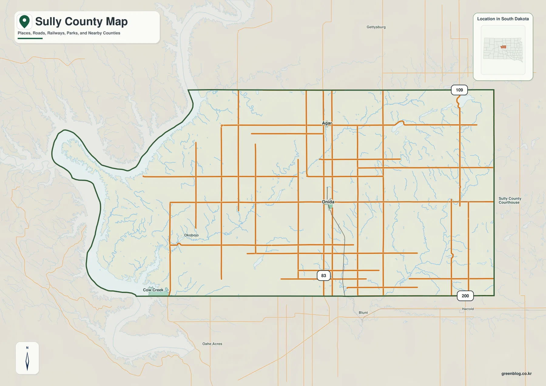 Sully County map showing Onida, Agar, US 83, roads, streams, and the Lake Oahe side of the county